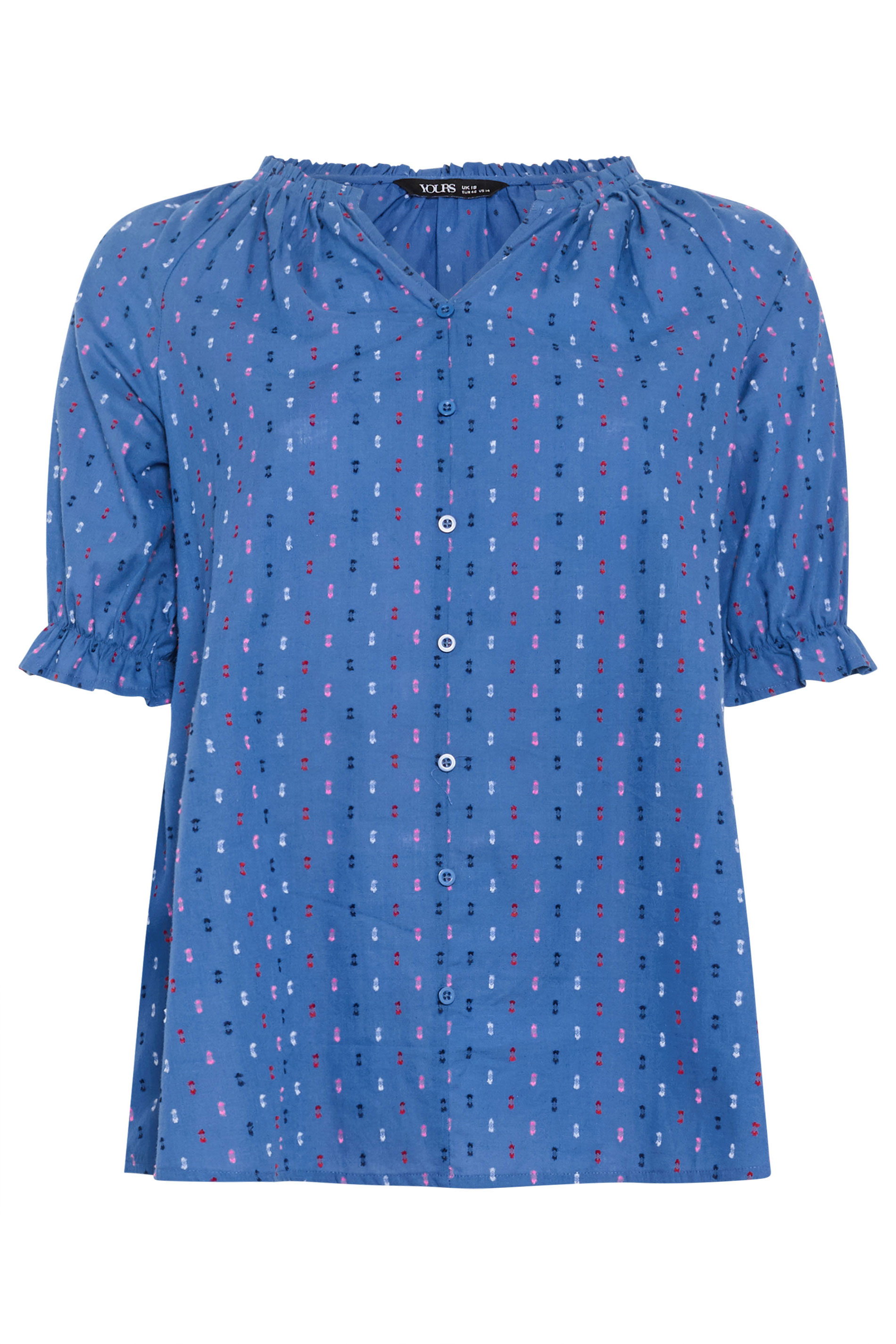 YOURS Plus Size Blue Dobby Frill Neck Top | Yours Clothing 5