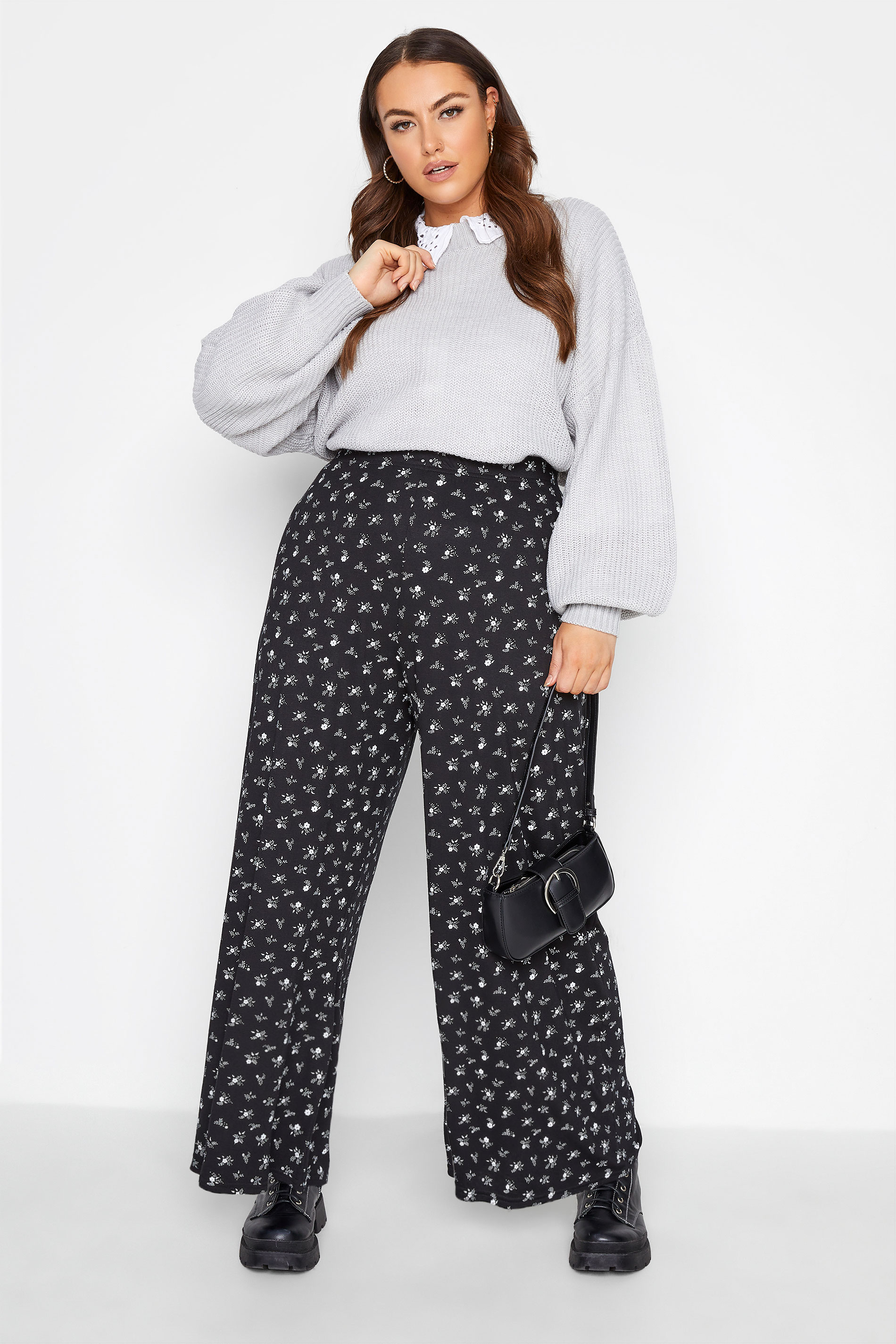 Curve Black Ditsy Floral Wide Leg Trousers_A.jpg