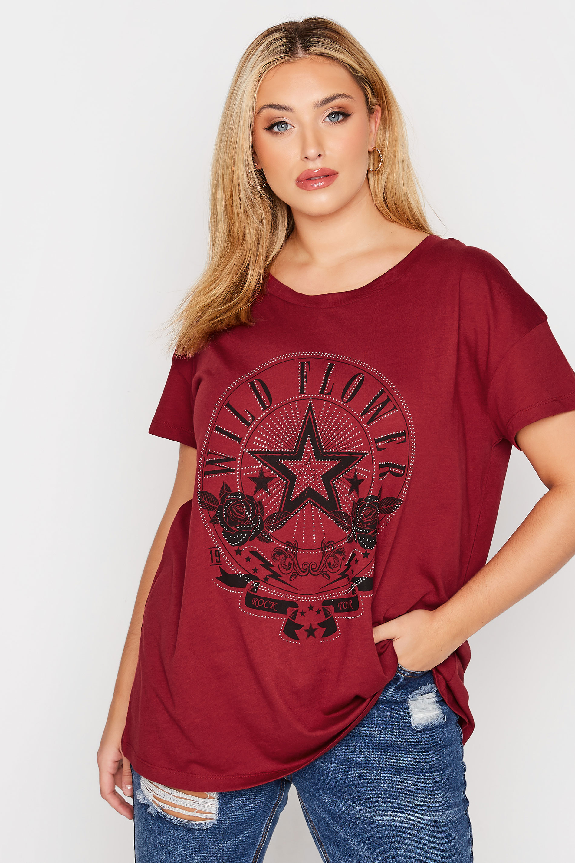Plus Size Red Diamante 'Wildflower' Printed T-Shirt | Yours Clothing 1