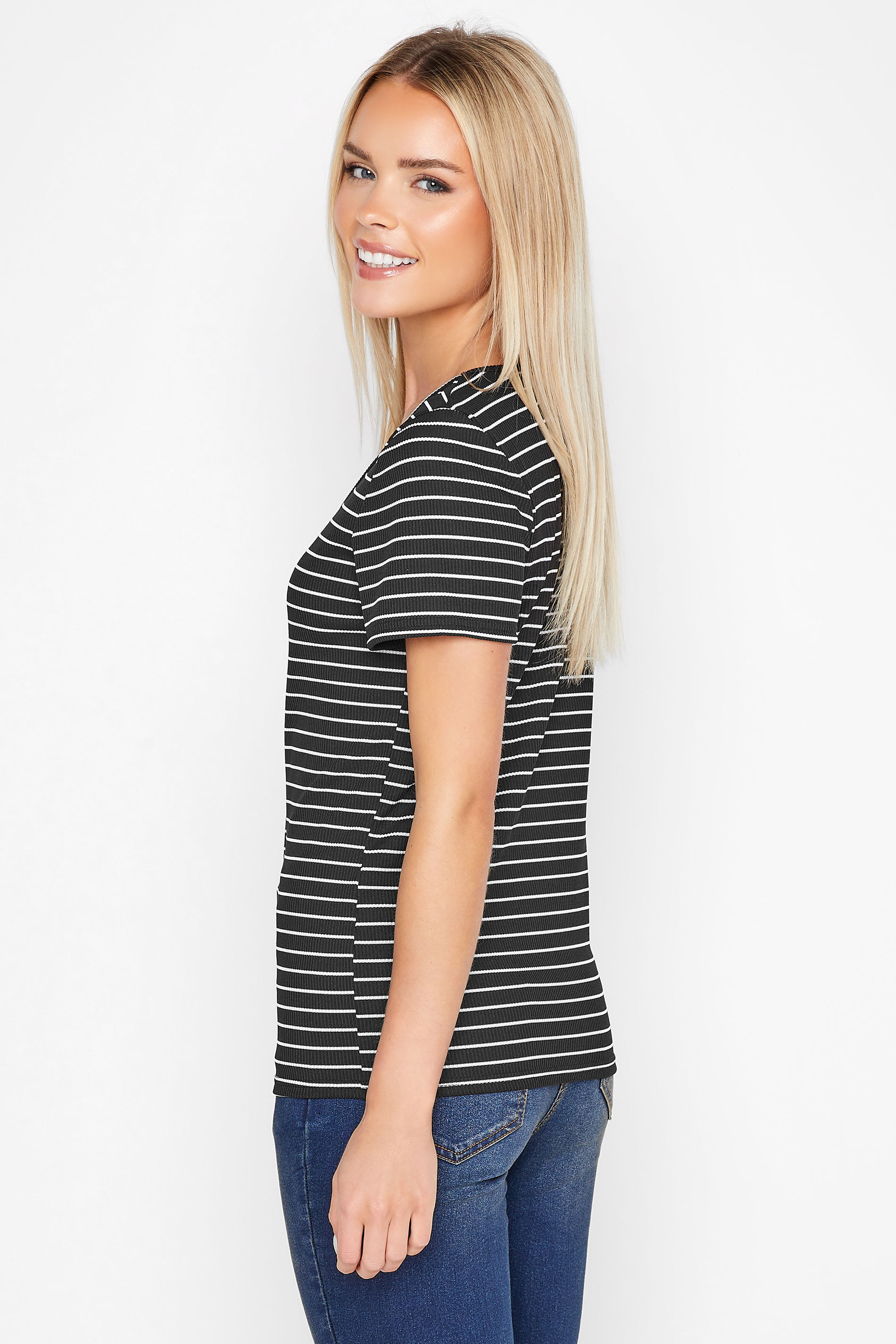 Petite Black Stripe Print Button Down T-Shirt | PixieGirl 3