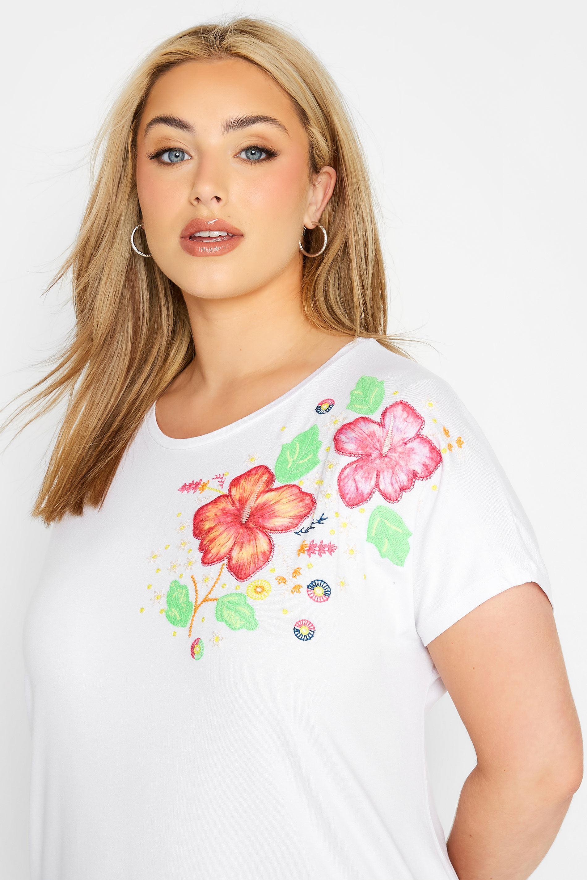 Grande taille  Tops Grande taille  T-Shirts | T-Shirt Blanc Manches Courtes en Floral - UQ07064
