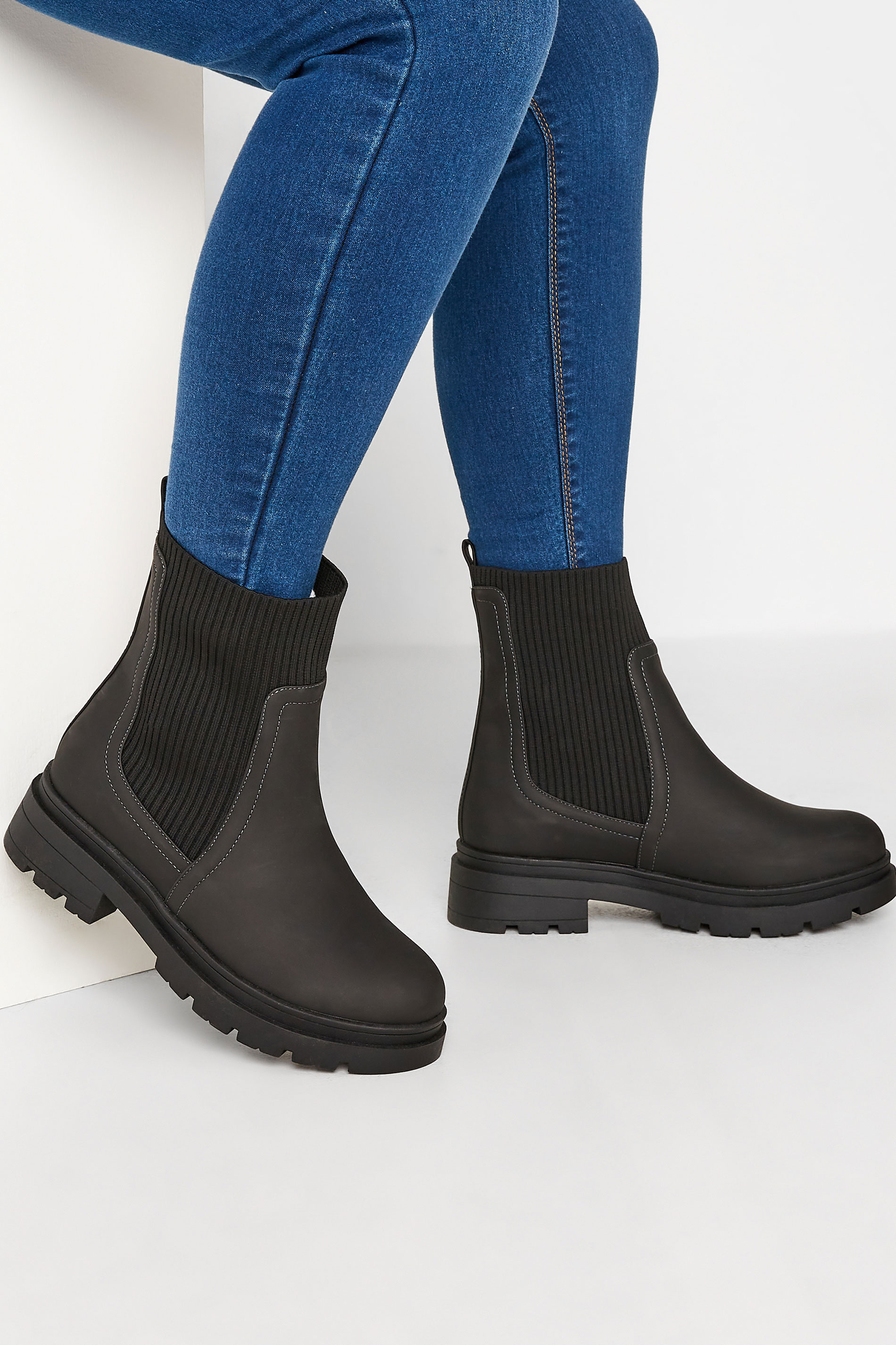 LIMITED COLLECTION Black Sock Chelsea Boots In Wide E Fit & Extra Wide EEE Fit | Yours Clothing 1