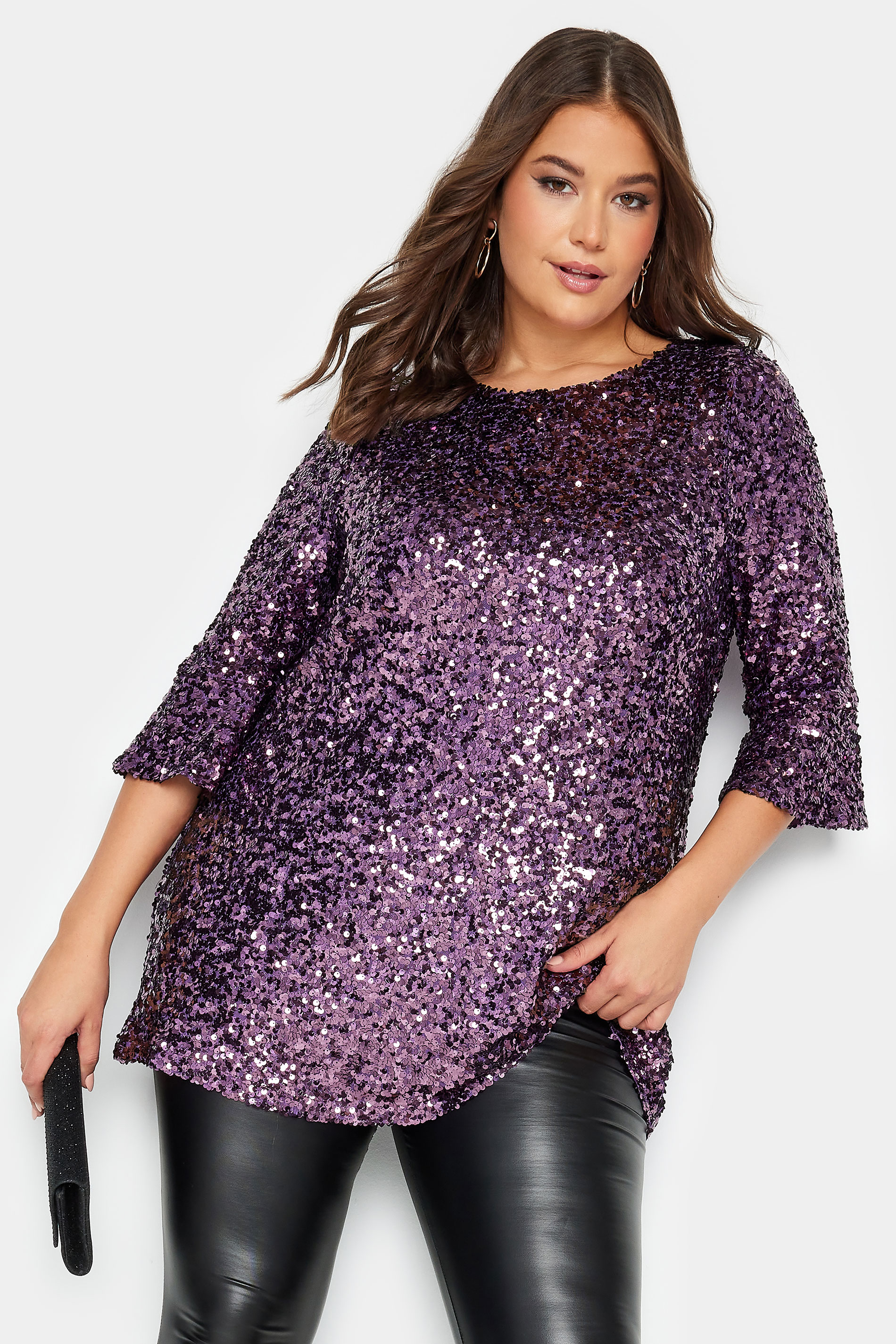 YOURS LONDON Plus Size Purple Sequin Flute Sleeve Top | Yours Clothing 1