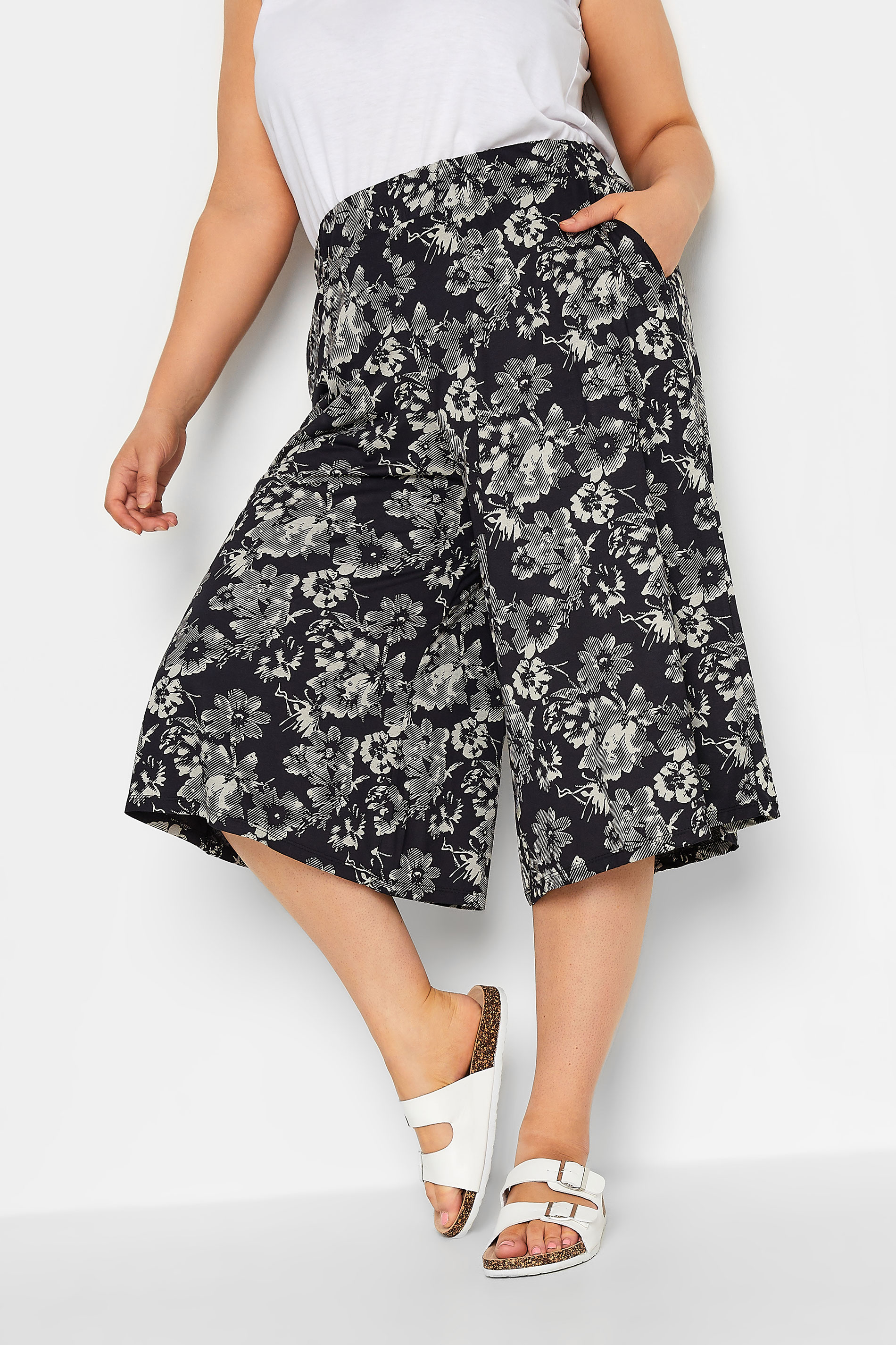 YOURS Curve Black Graphic Flower Print Culottes | Yours Clothing