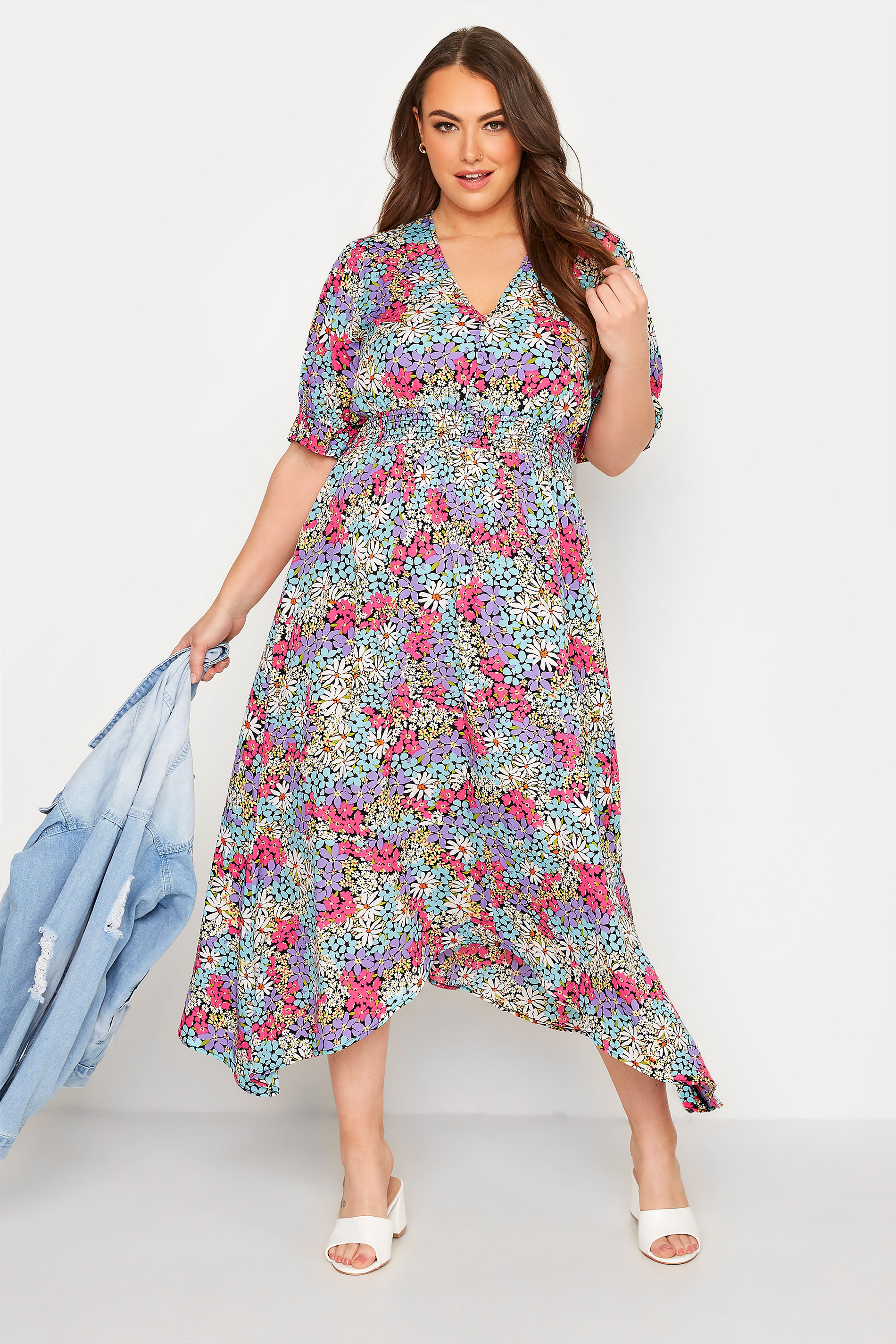 LIMITED COLLECTION Plus Size Black Multicolour Ditsy Print Hanky Hem Midi Dress | Yours Clothing 1