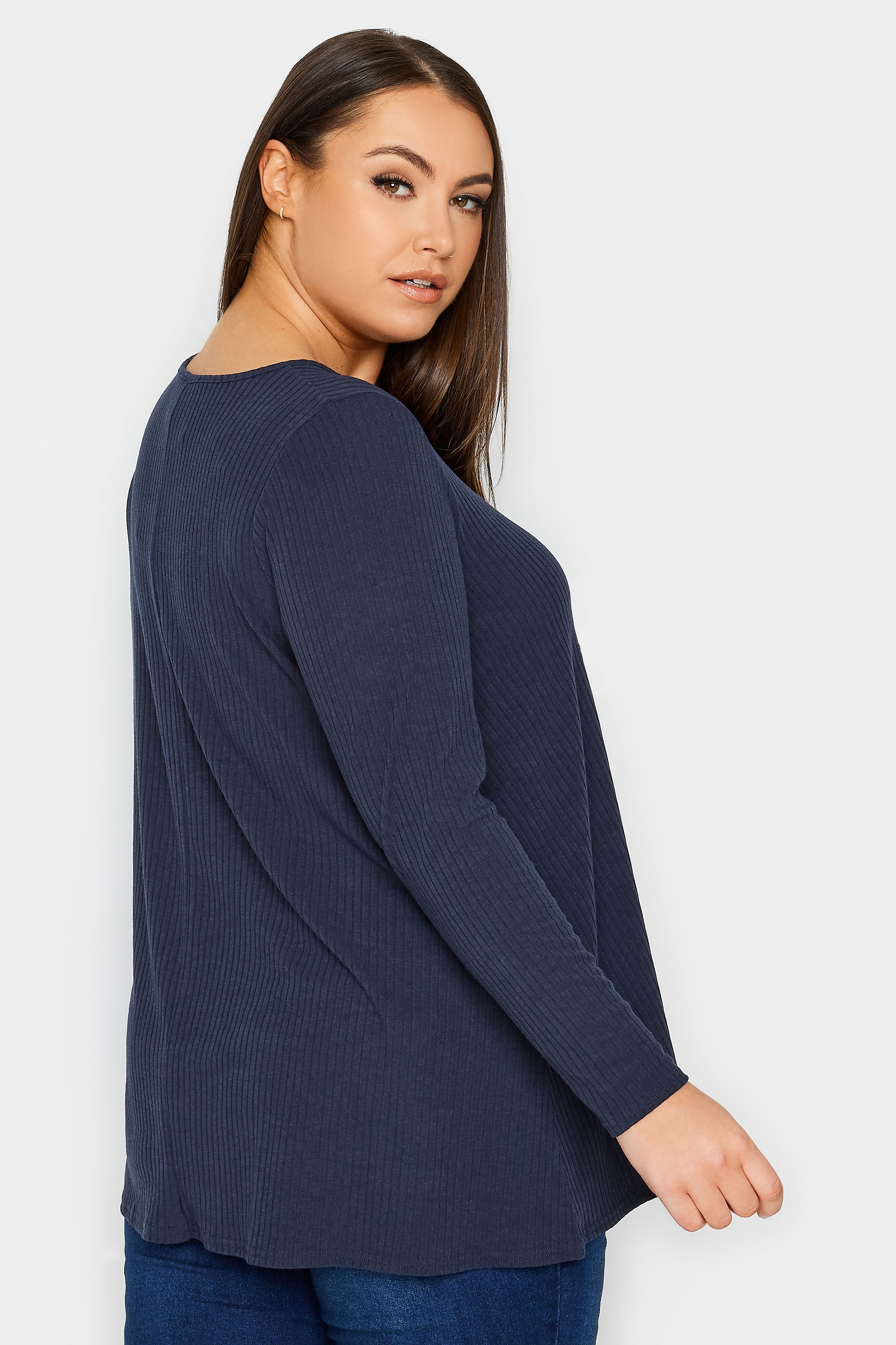 YOURS Plus Size Navy Blue Ribbed Swing T-Shirt | Yours Clothing 3