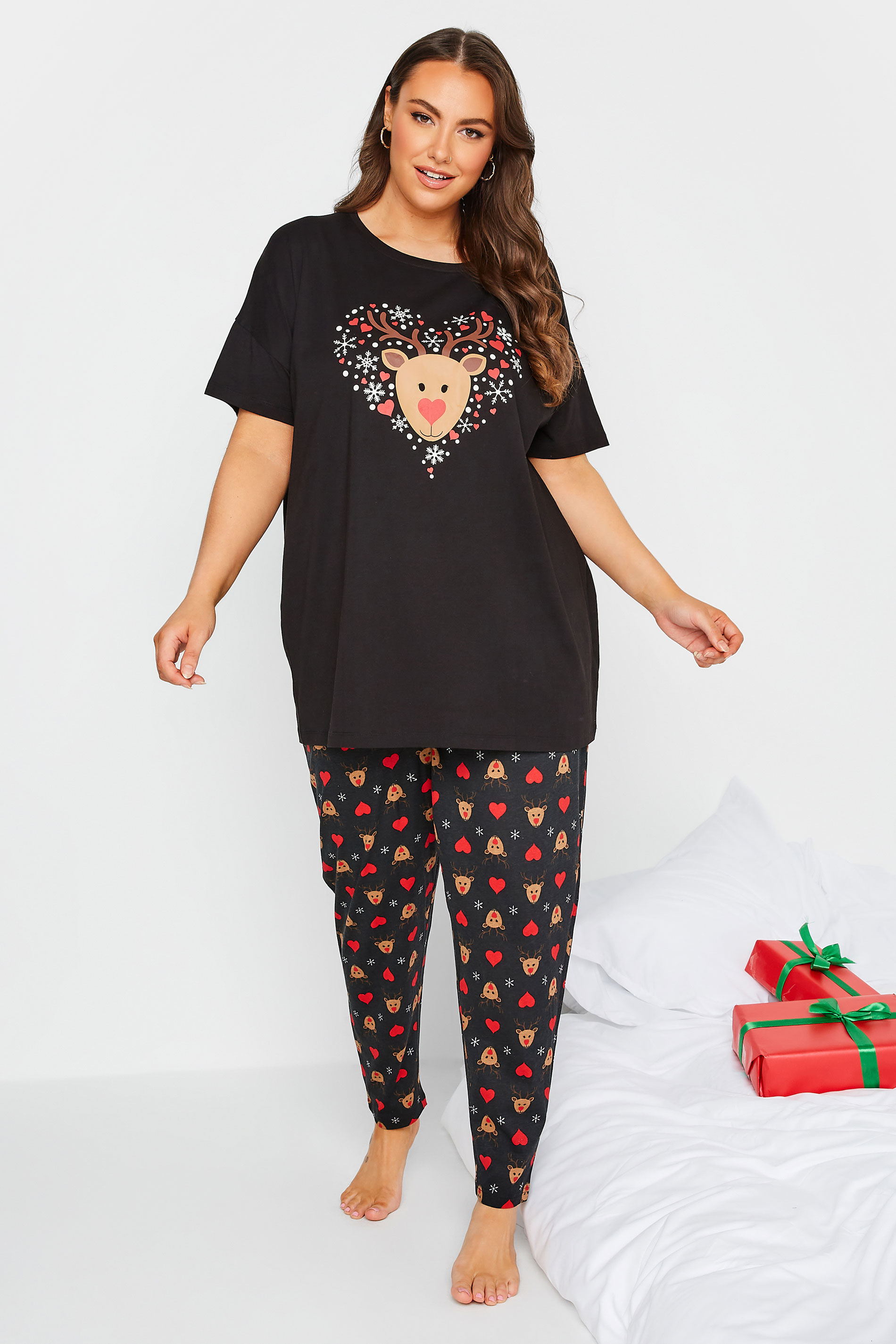Plus Size Black Rudolph Print Christmas Pyjama Gift Set | Yours Clothing 2