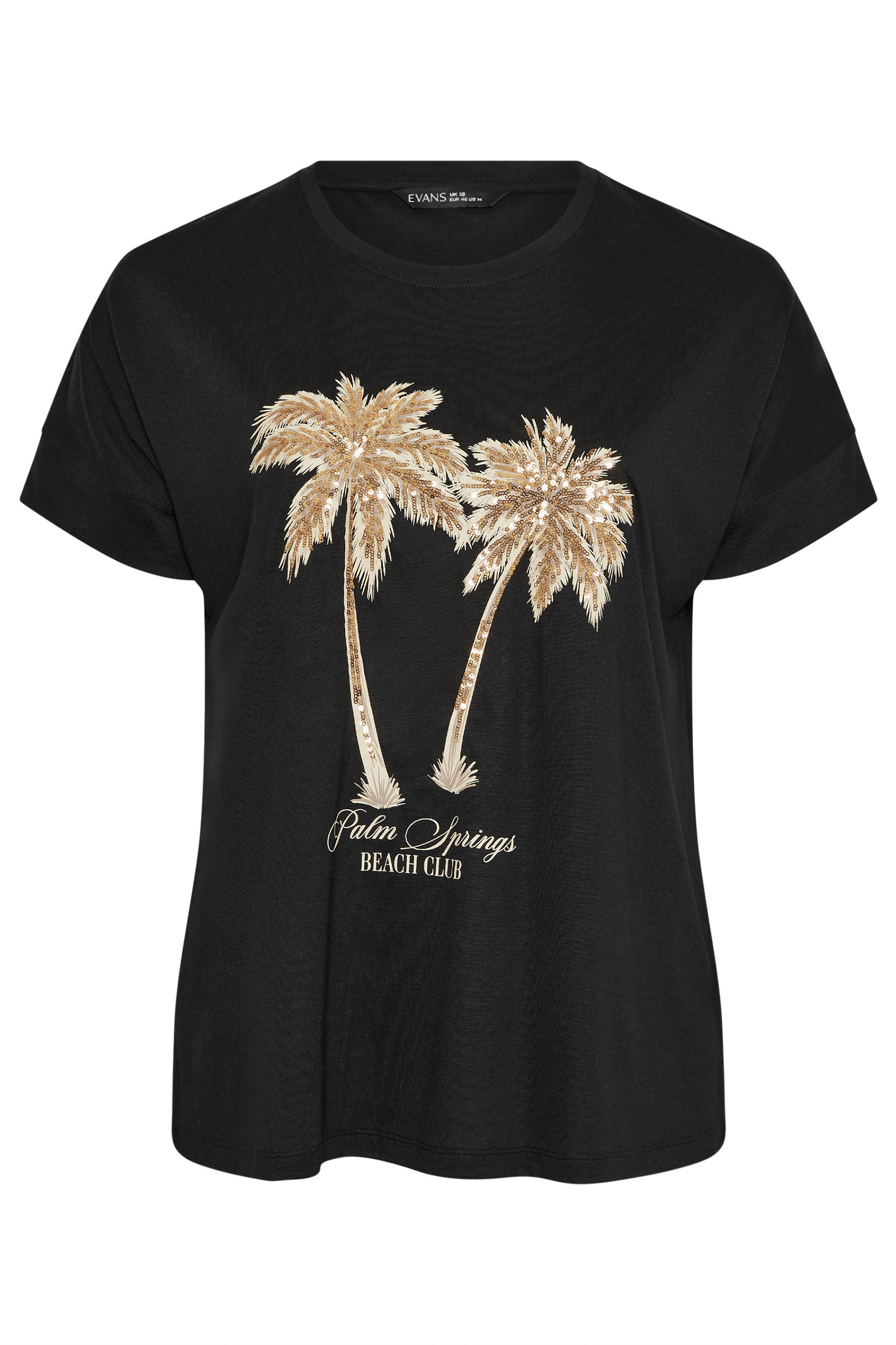 EVANS Plus Size Black Sequin Embellished Palm Trees Graphic T-Shirt | Evans  5