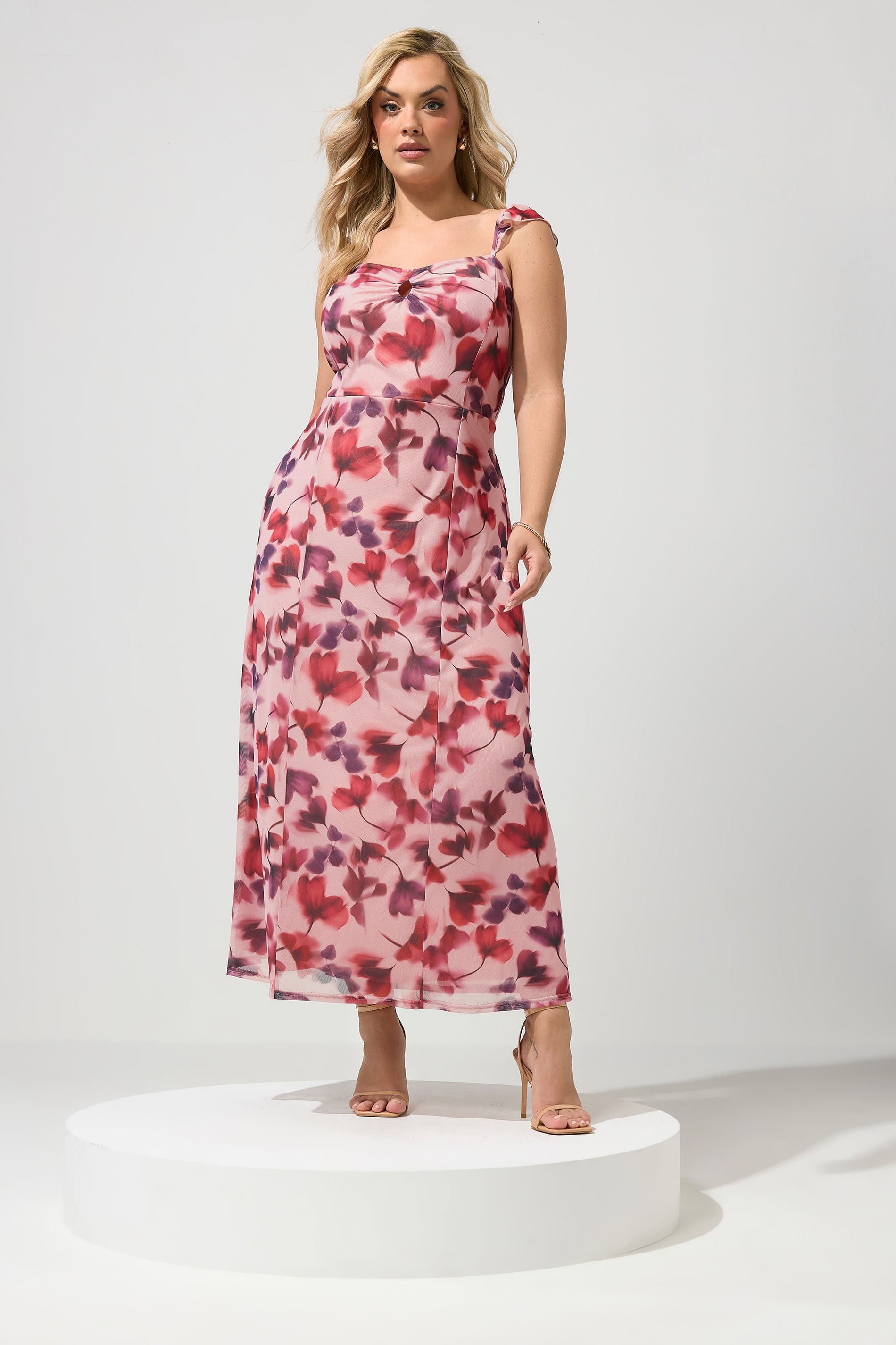 YOURS Plus Size Pink Floral Keyhole Ruffle Dress | Yours Clothing 3