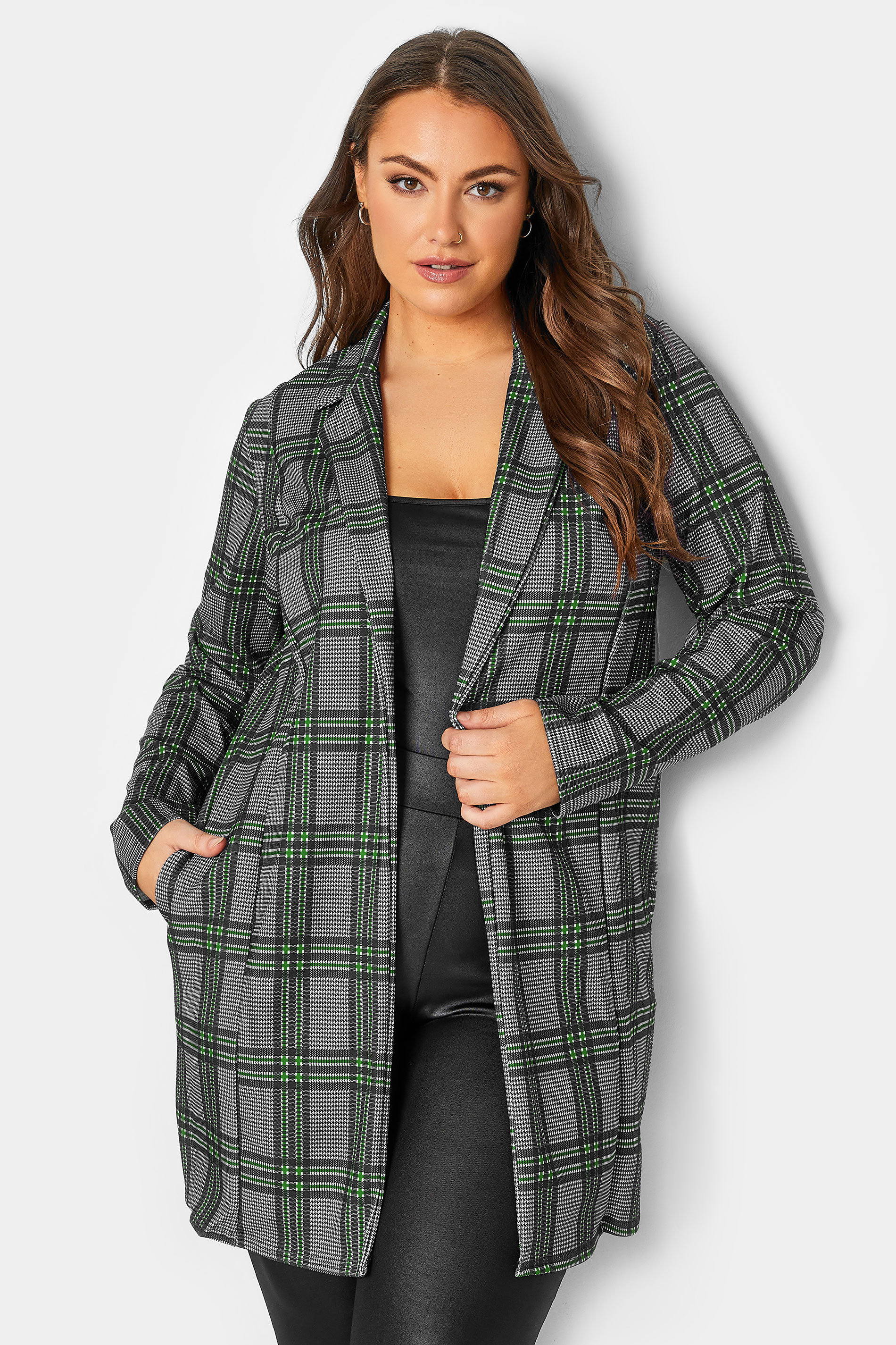 YOURS Curve Plus Size Grey & Green Check Blazer | Yours Clothing 1