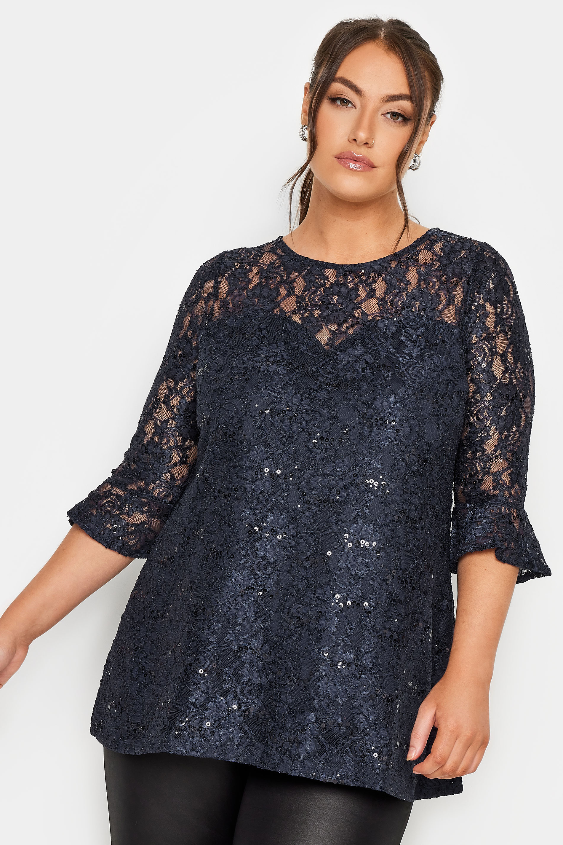 Product Video For YOURS Plus Size Dark Blue Lace Sequin Embellished Swing Top | Yours Clothing 1