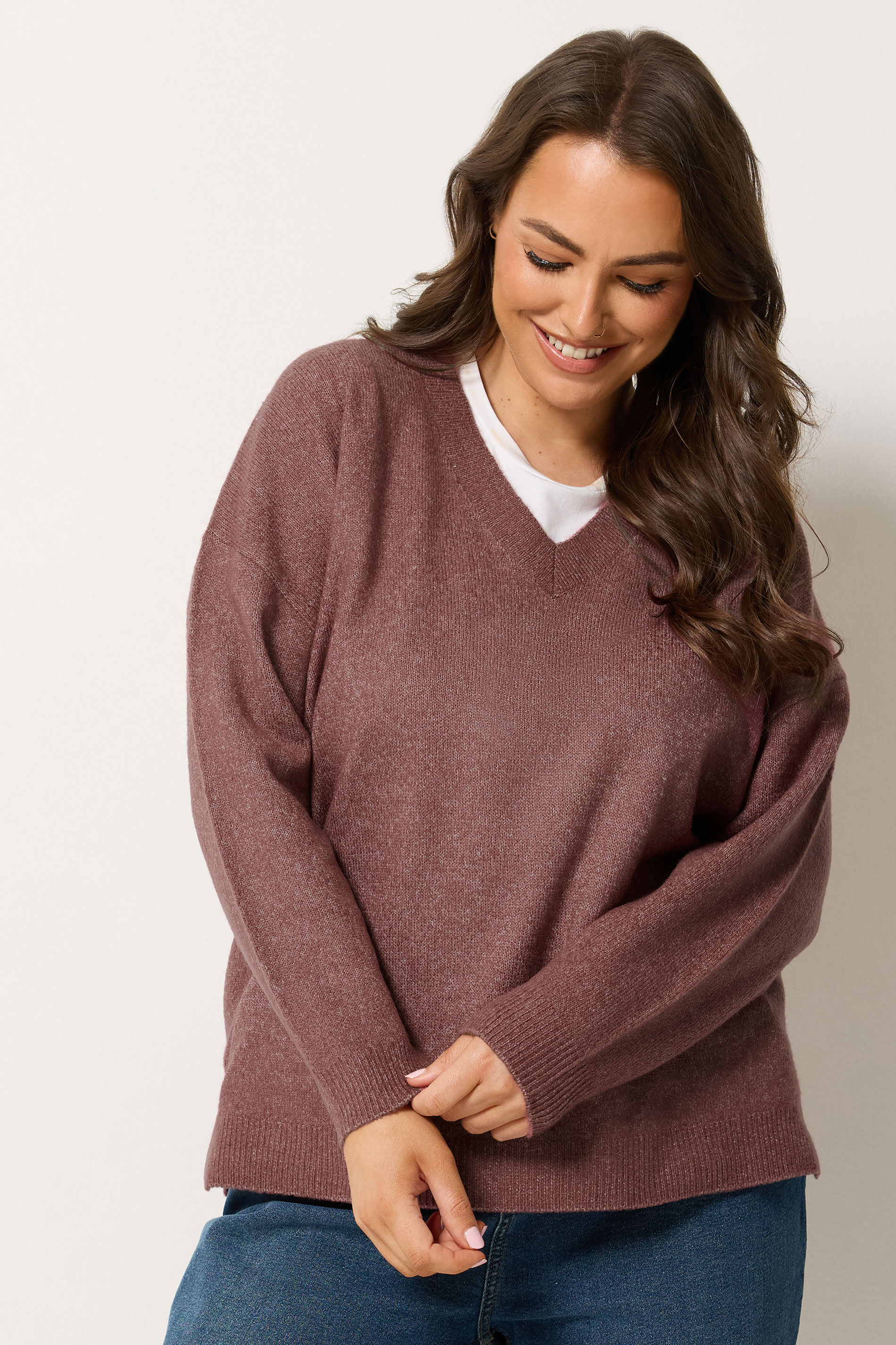 YOURS Plus Size Dark Pink V-Neck Soft Touch Jumper | Yours Clothing 3
