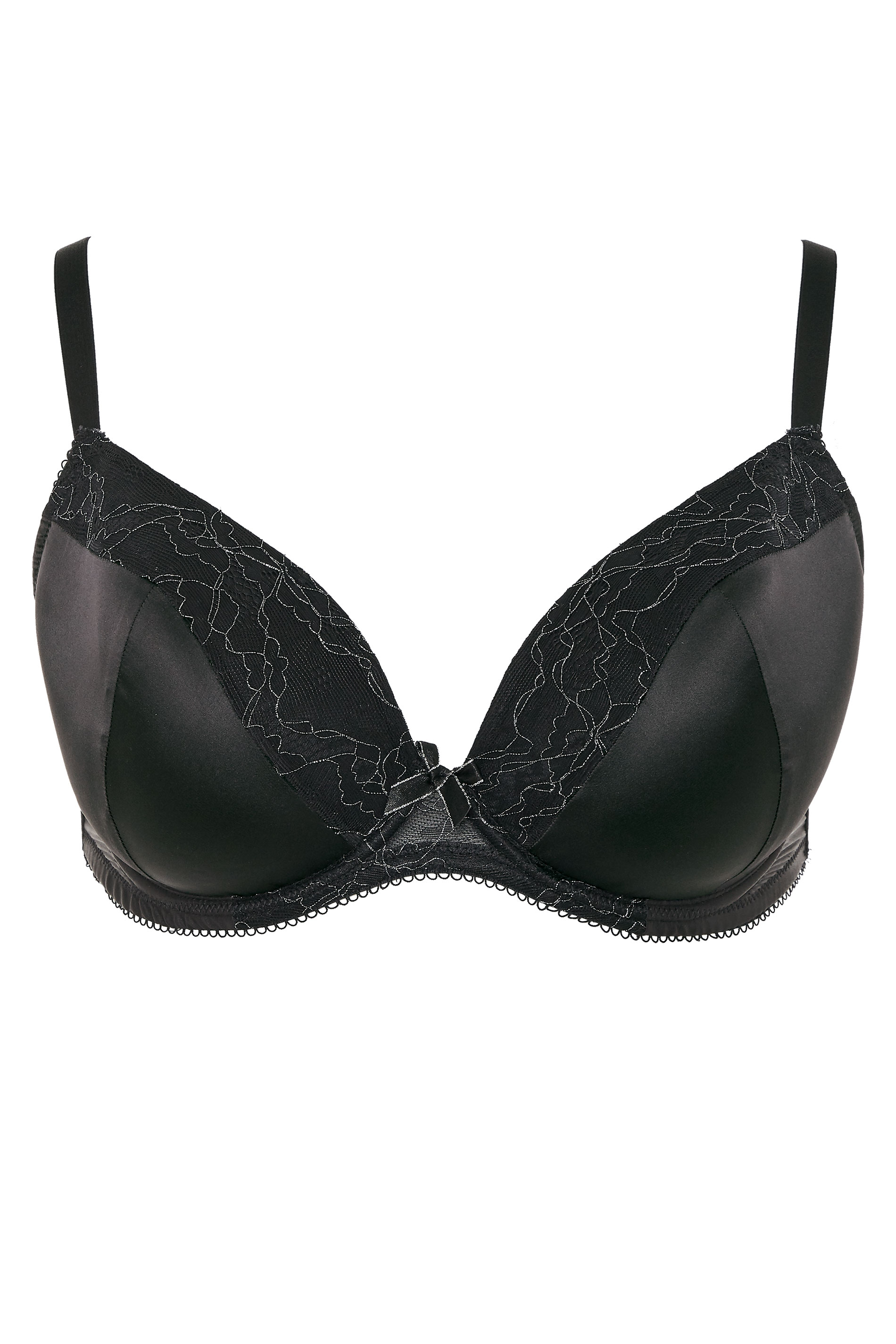 Black Metallic Floral Lace Trim Plunge Bra | Yours Clothing