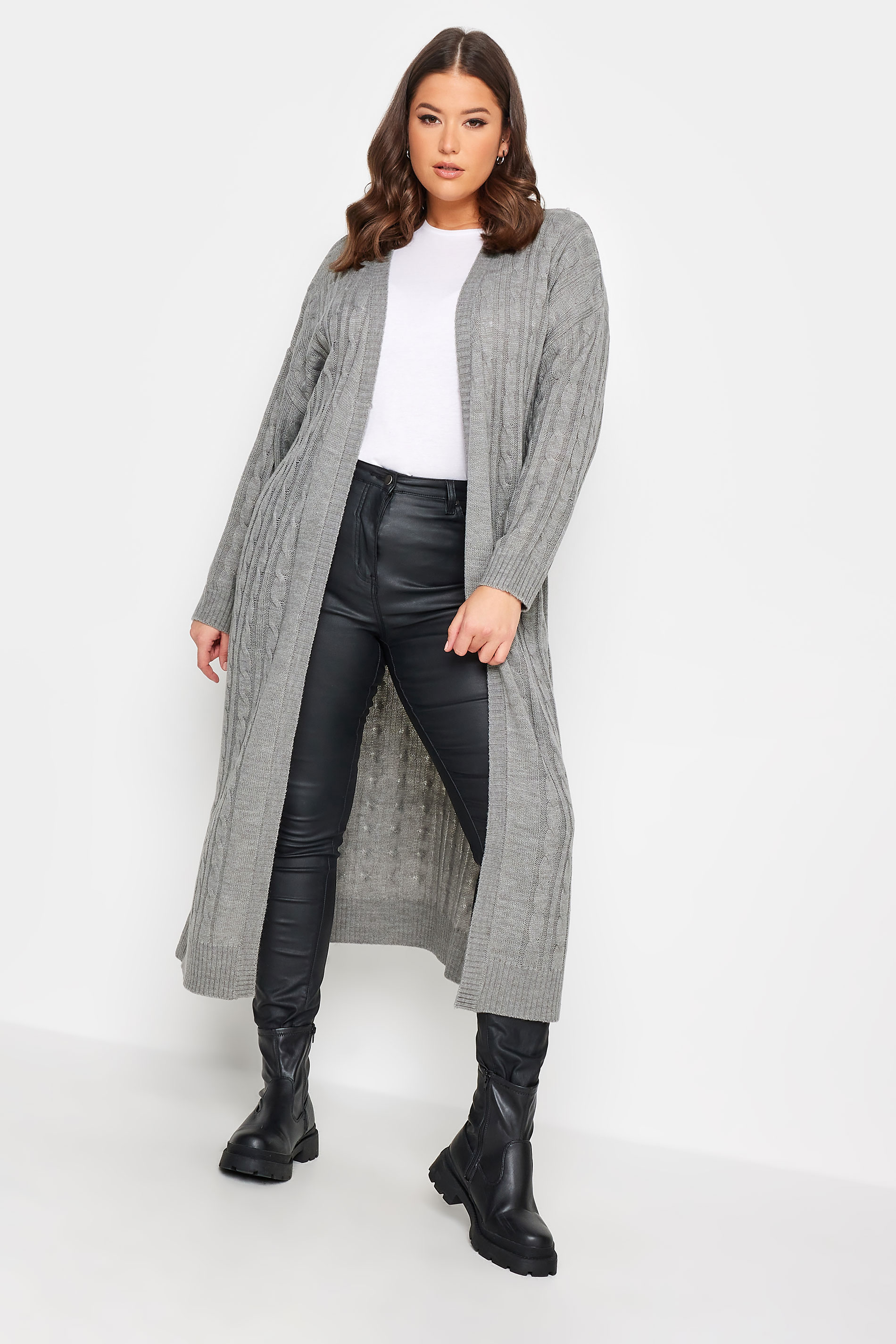 YOURS Plus Size Grey Cable Knit Maxi Cardigan | Yours Clothing 2