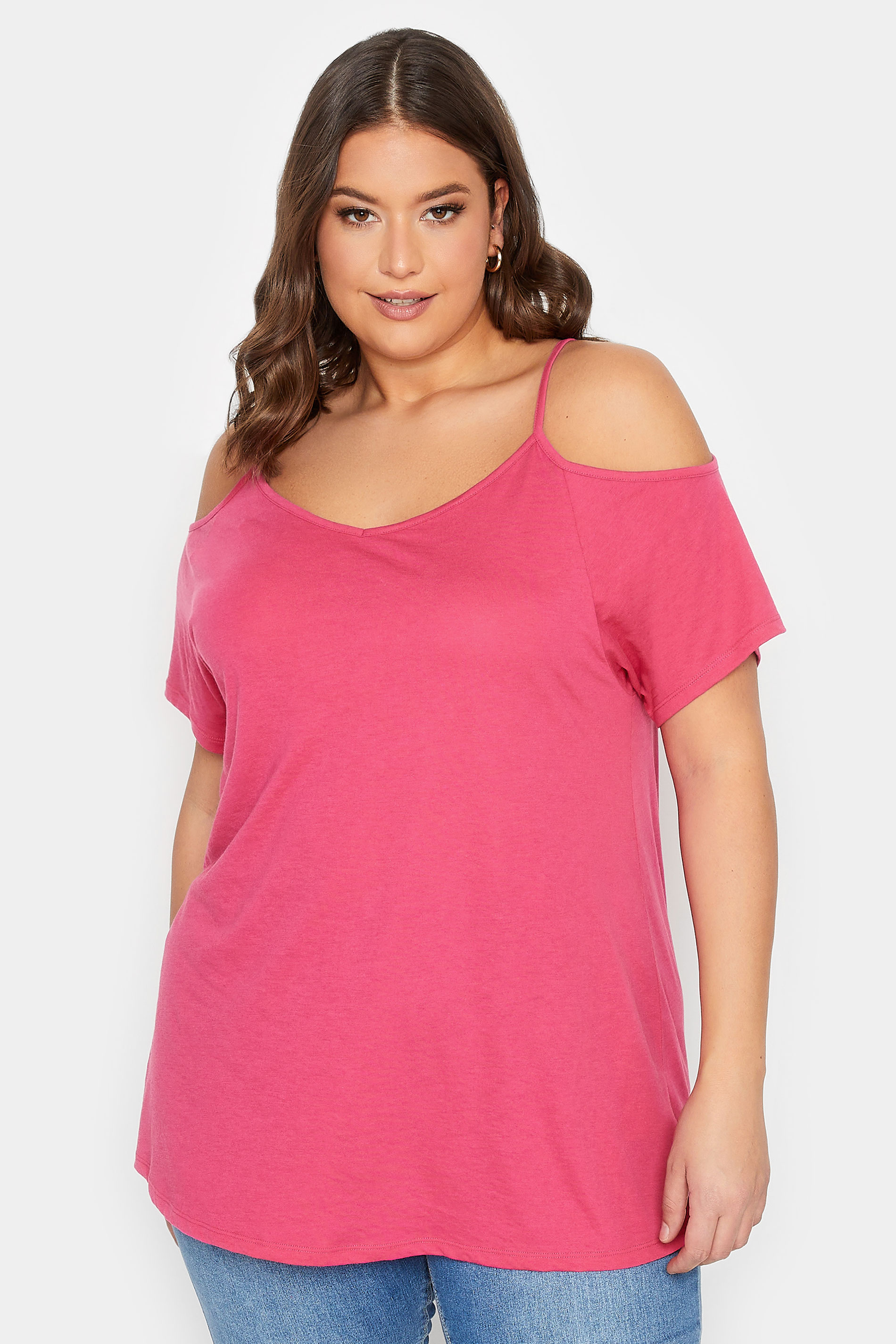 YOURS Curve Plus Size Hot Pink Cold Shoulder T-Shirt | Yours Clothing  1
