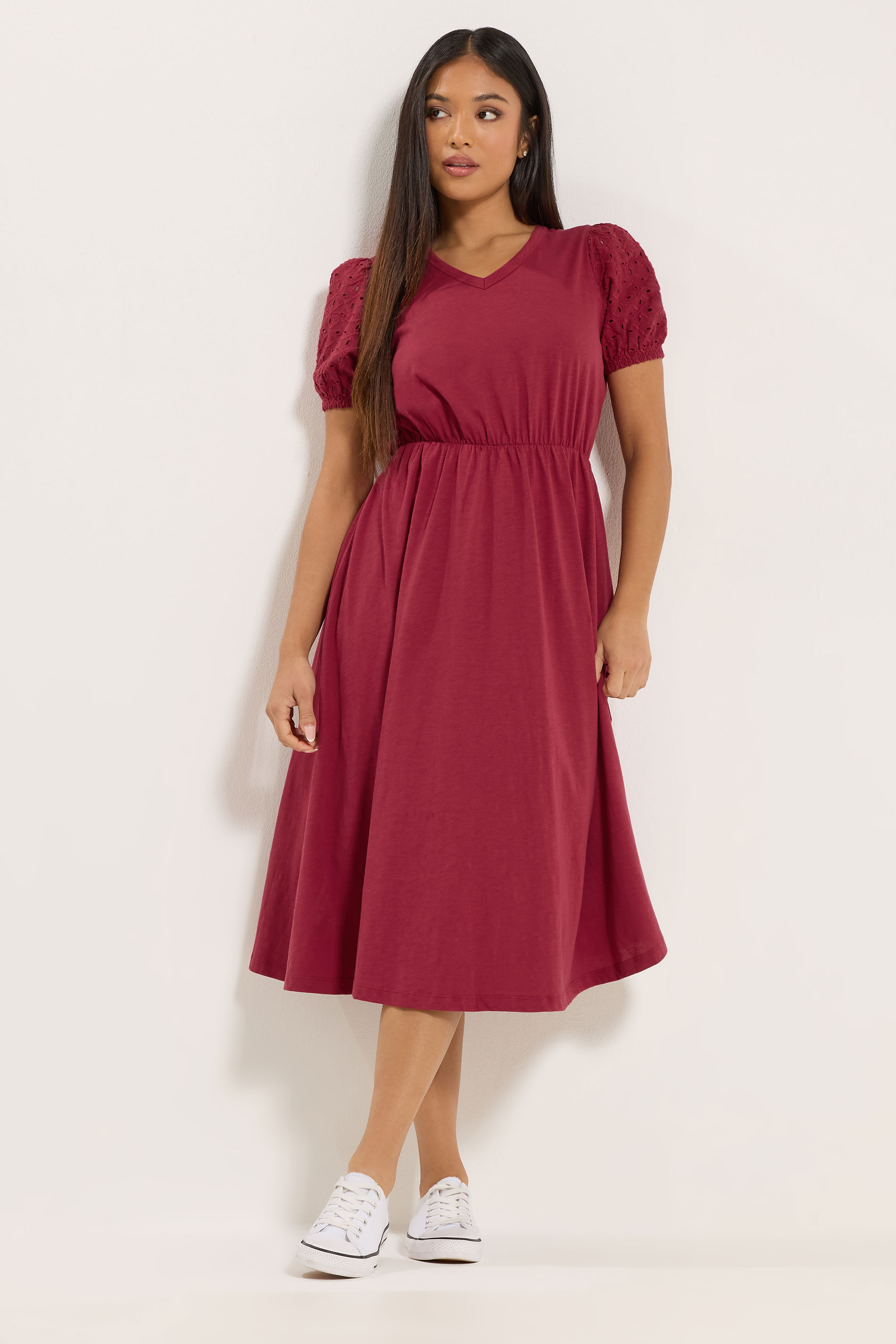 M&Co Petite Berry Red Broderie Sleeve Cotton Midi Dress | M&Co 1