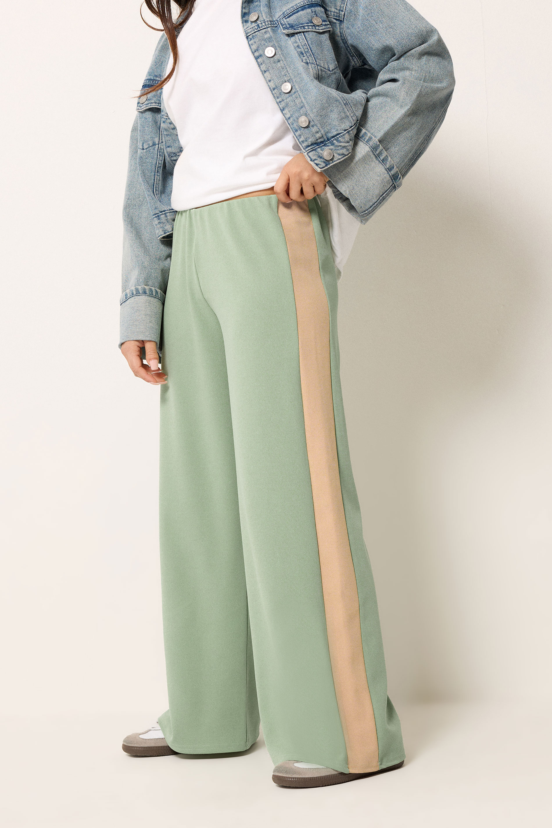 PixieGirl Petite Women's Sage Green Side Stripe Scuba Wide Leg Trousers | PixieGirl 1