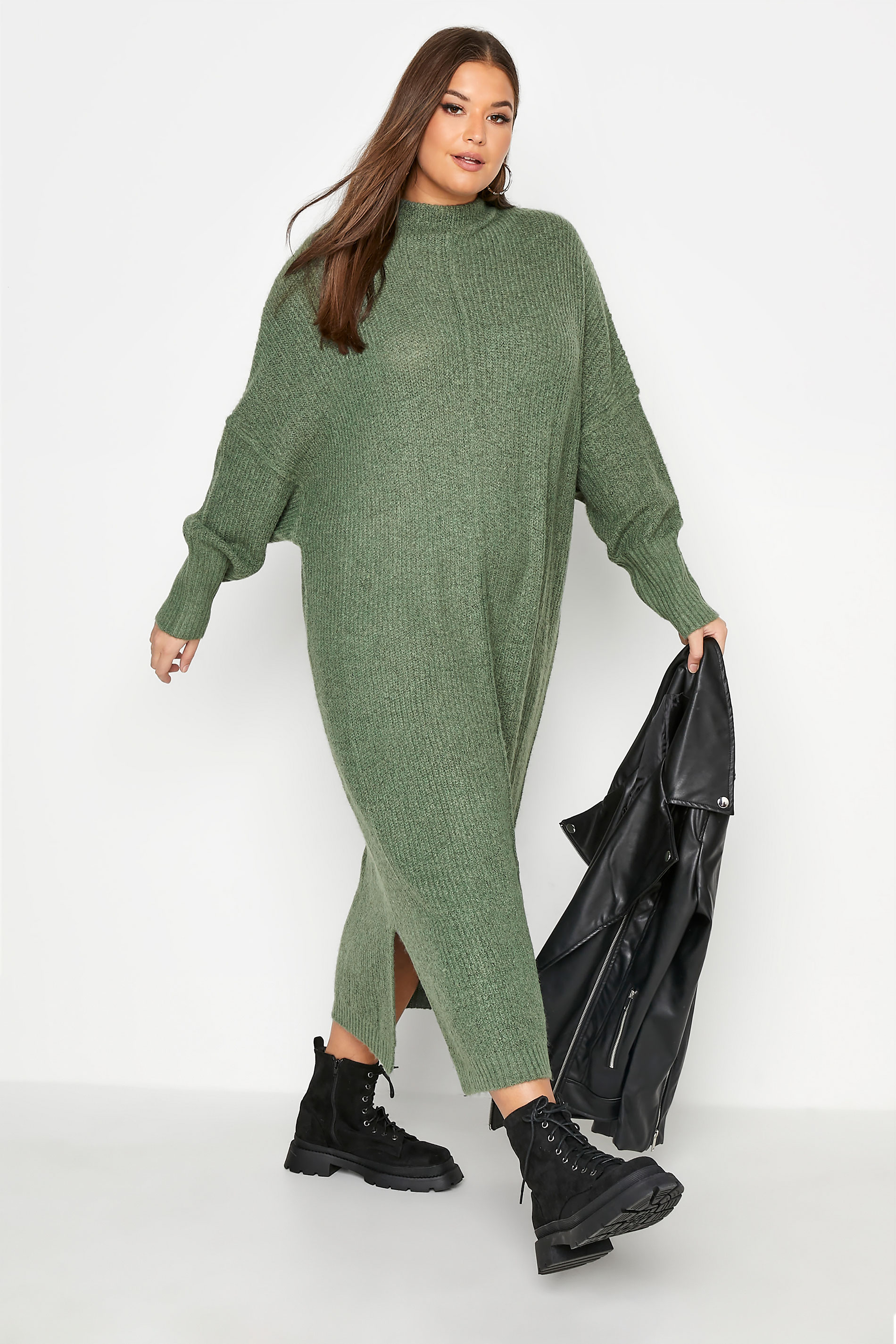Plus Size Sage Green Knitted Jumper Dress | Yours Clothing 2