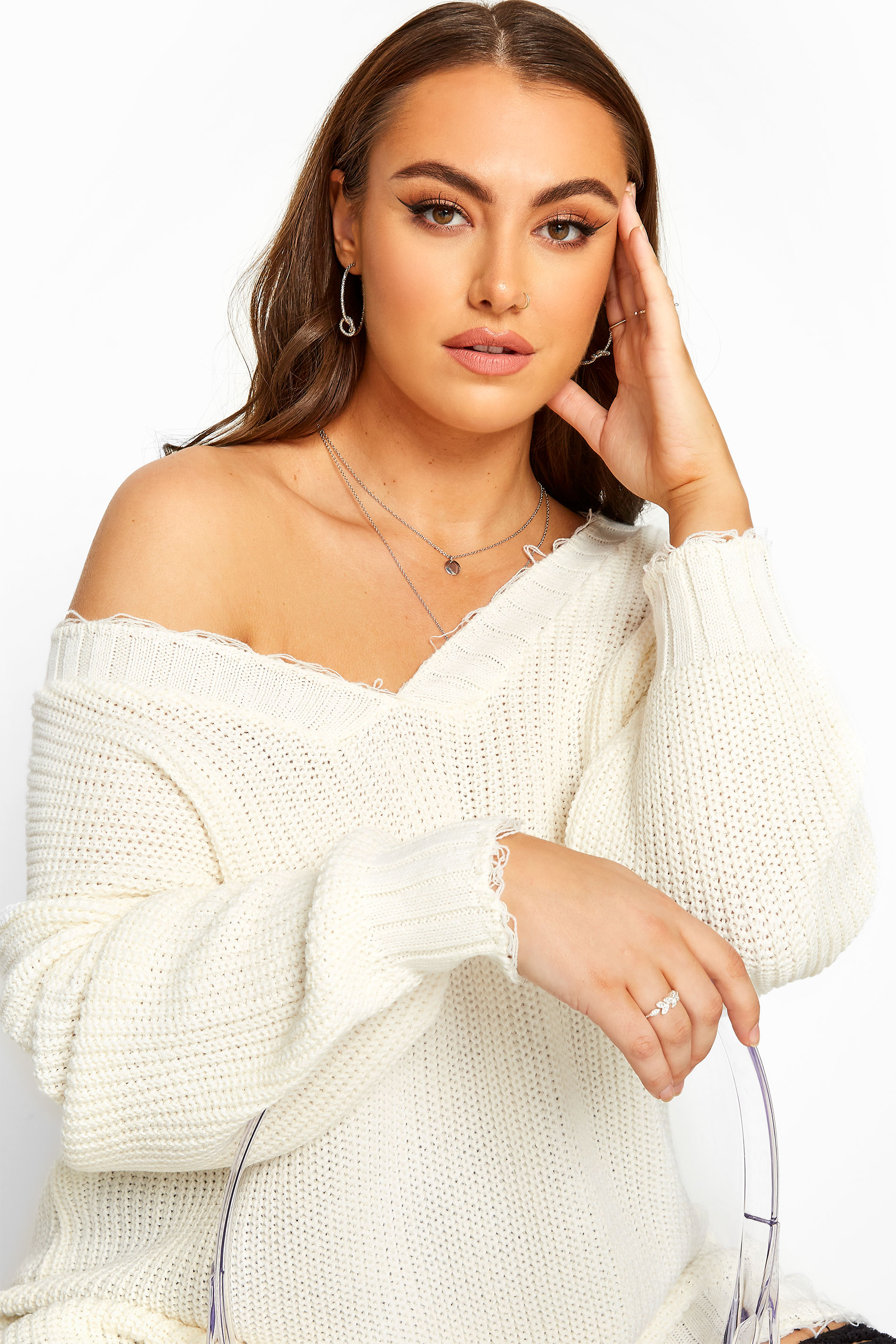 White Distressed Oversized Knitted Jumper Yours Clothing