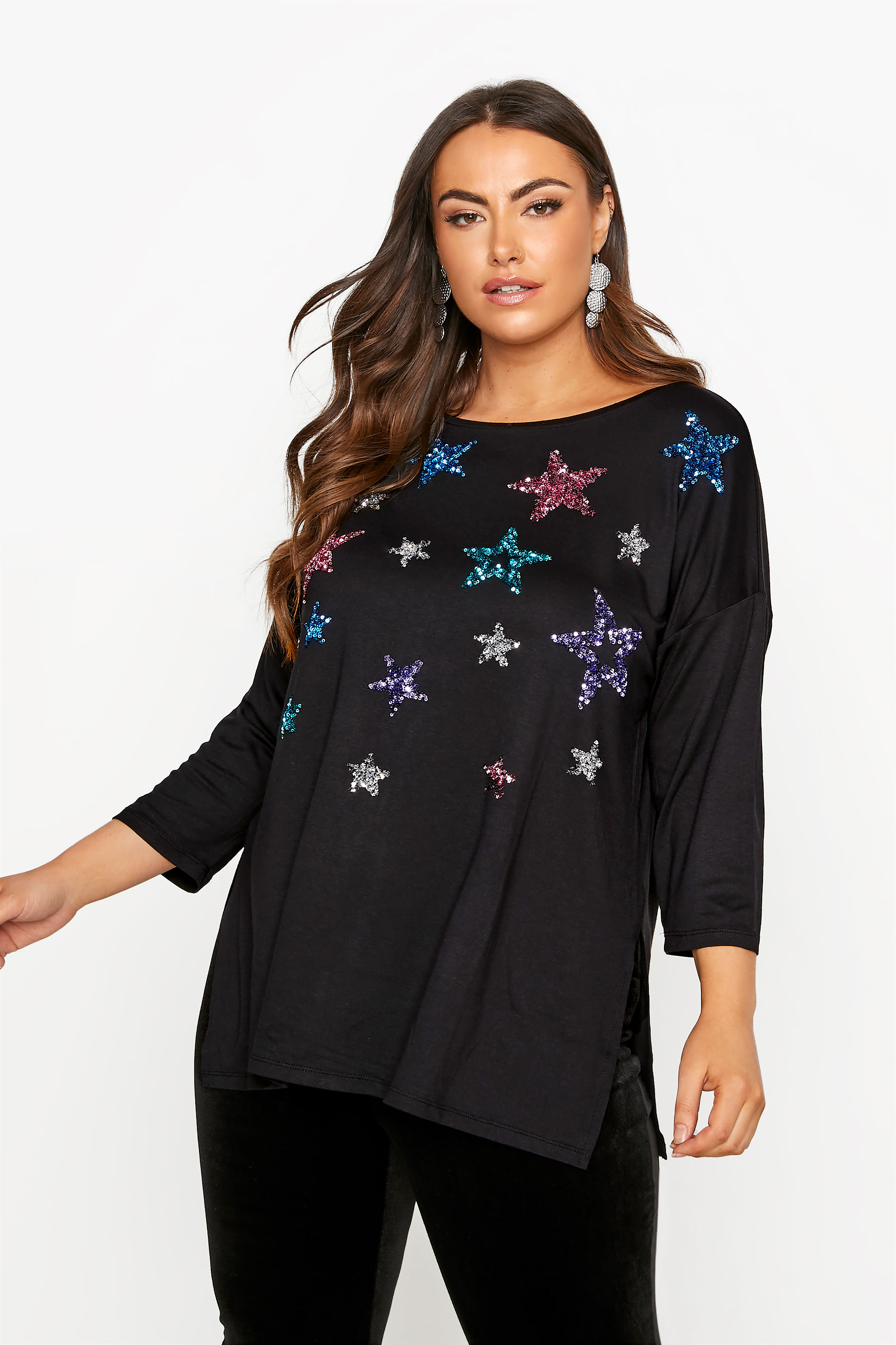 Plus Size Black Sequin Star Print T-Shirt | Yours Clothing 1