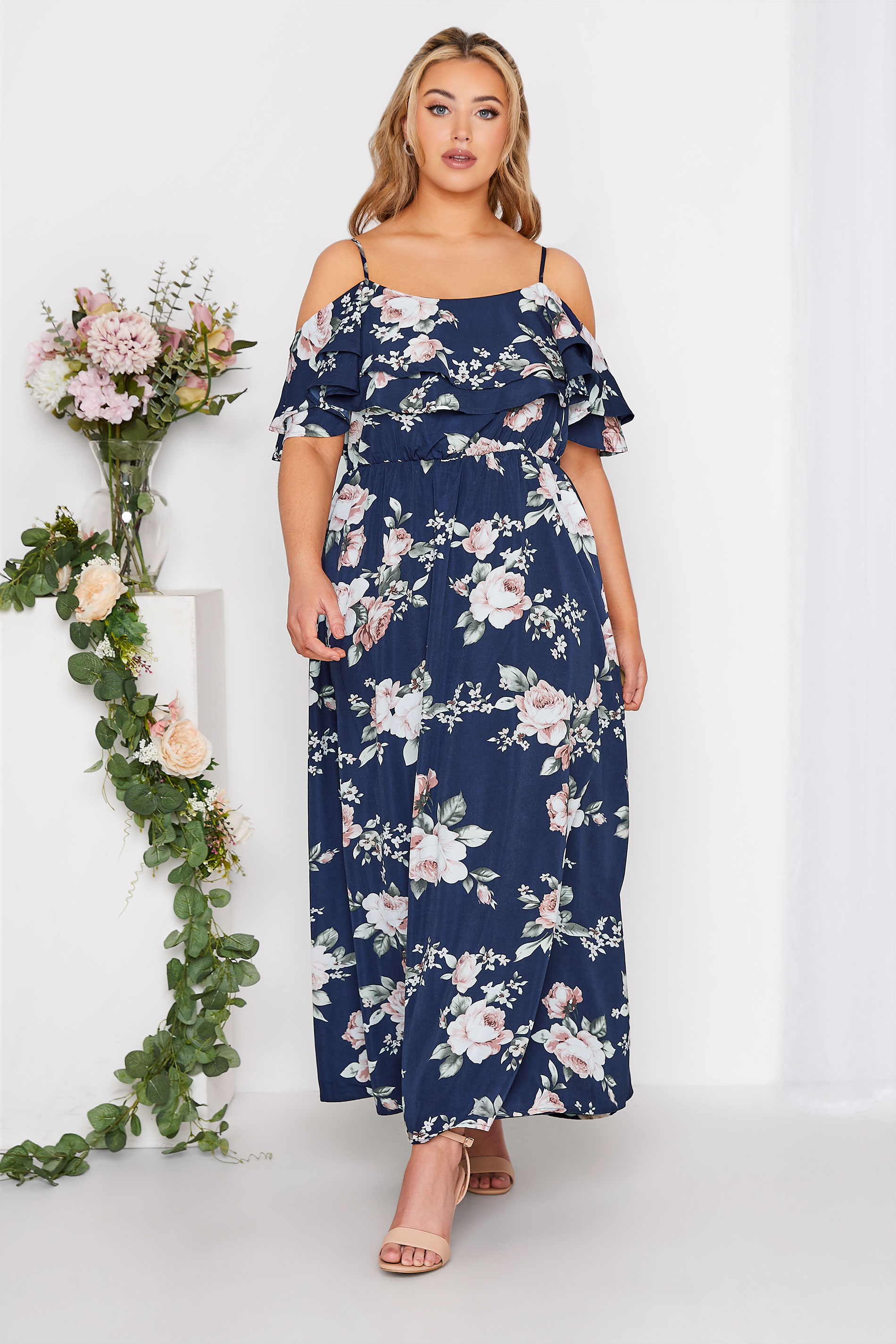 Plus Size YOURS LONDON Curve Navy Blue Floral Bardot Ruffle Bridesmaid Maxi Dress | Yours Clothing  1