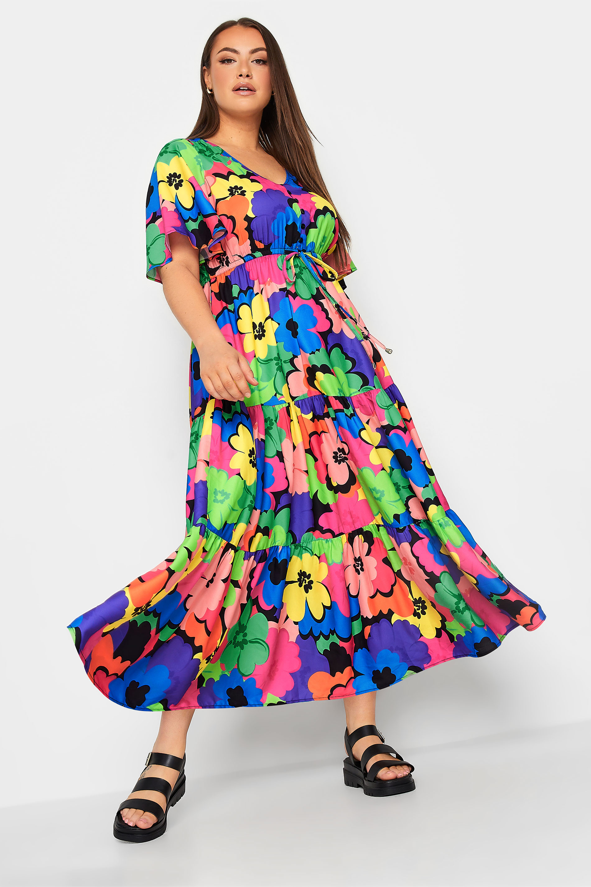 LIMITED COLLECTION Plus Size Blue & Green Floral Smock Maxi Dress | Yours Clothing 1