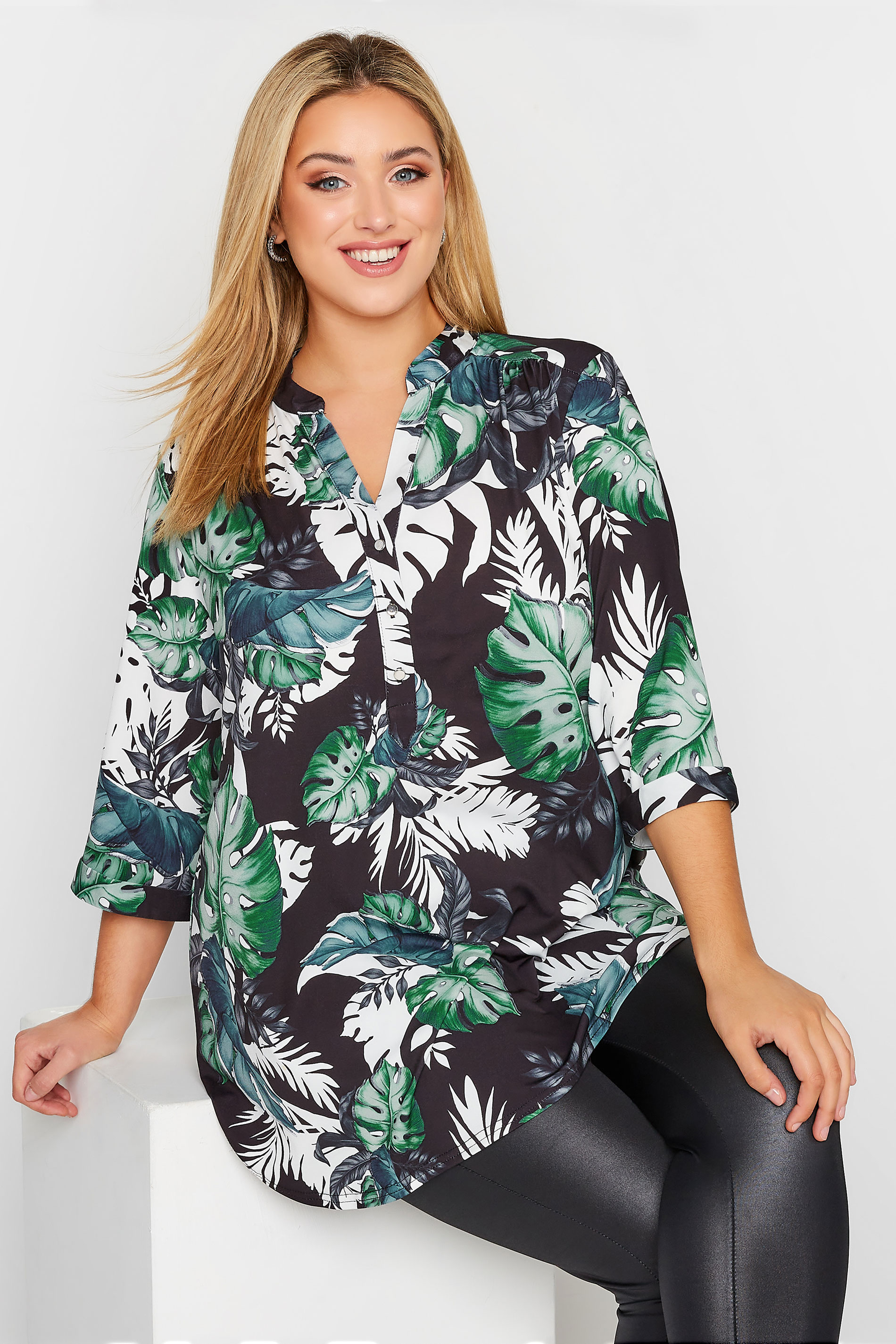 Curve Plus Size Green & Black Palm Leaf Print Shirt | Yours Clothing 1