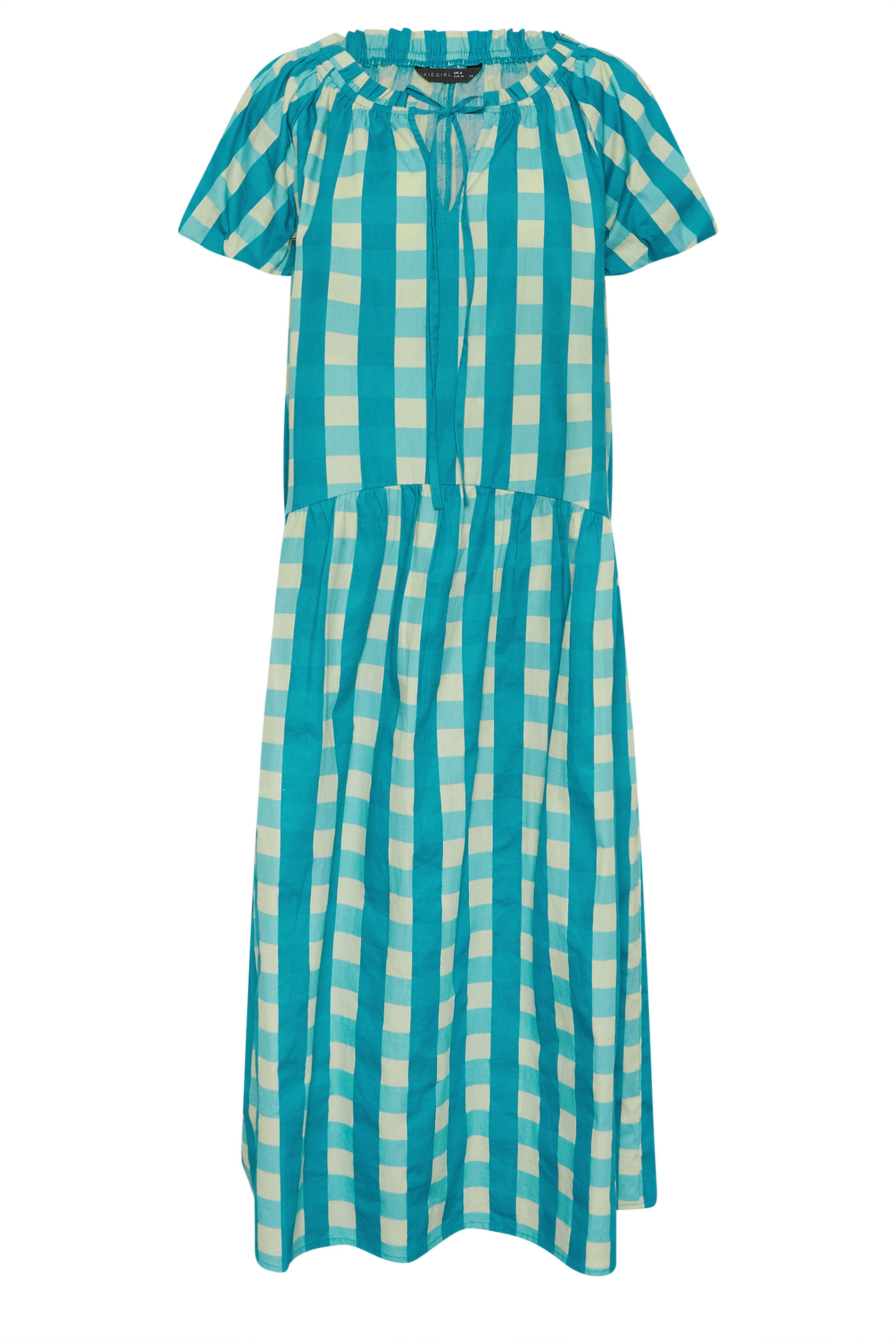 PixieGirl Petite Women's Teal Green Check Cotton Tie Neck Maxi Dress | PixieGirl 5