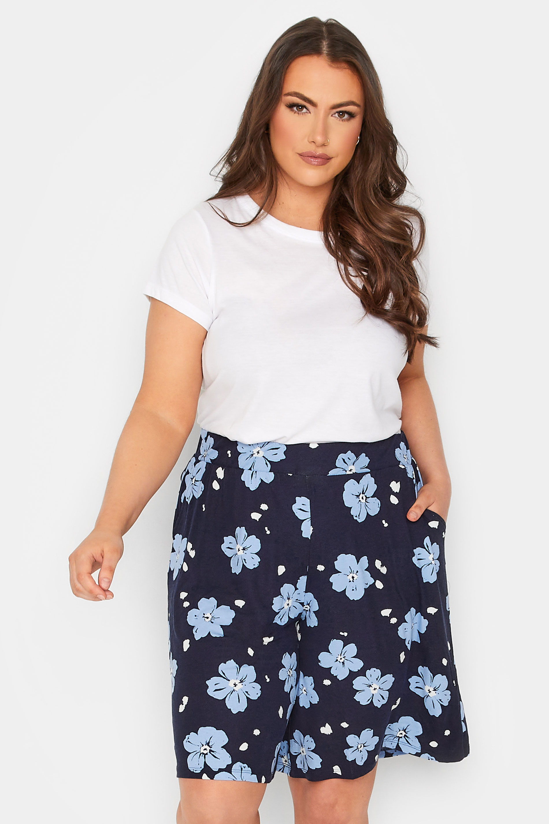YOURS Plus Size Curve Navy Blue Floral Print Jersey Shorts | Yours Clothing  1