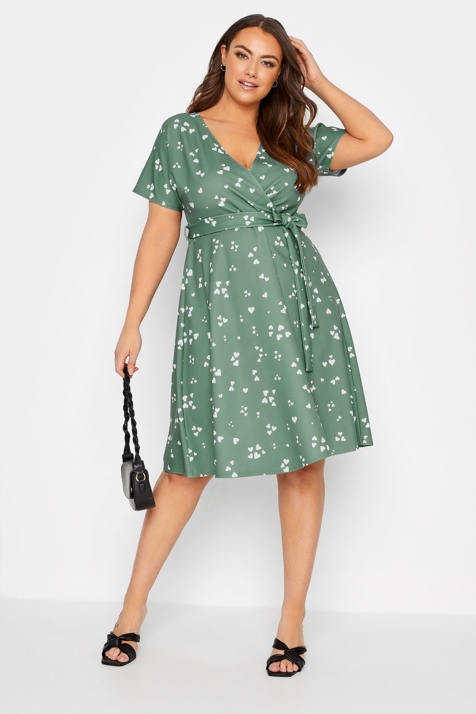 YOURS LONDON Plus Size Sage Green Heart Print Wrap Dress | Yours Clothing