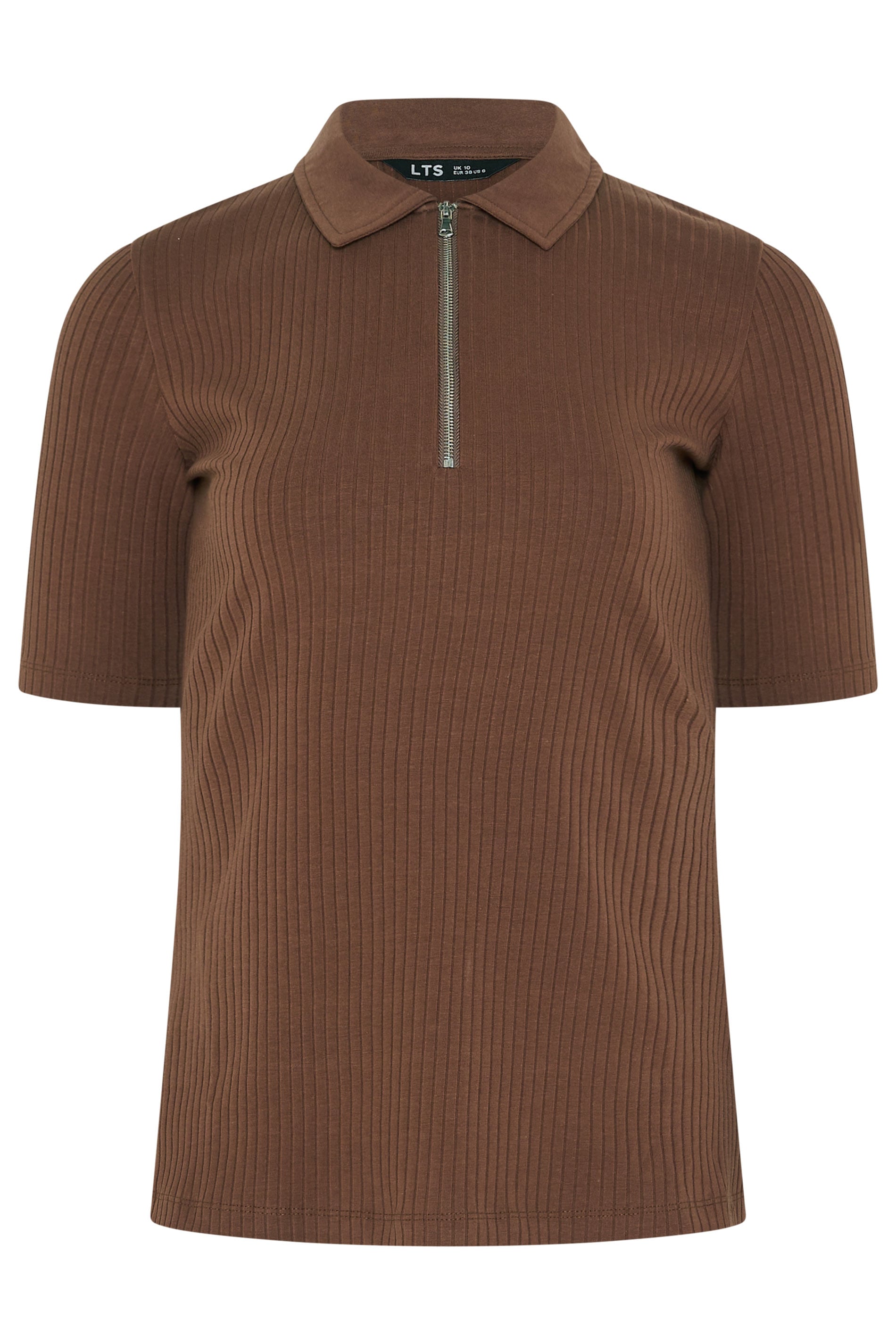LTS Tall Women's Chocolate Brown Half Zip Ribbed Cotton Collared Top | Long Tall Sally 6