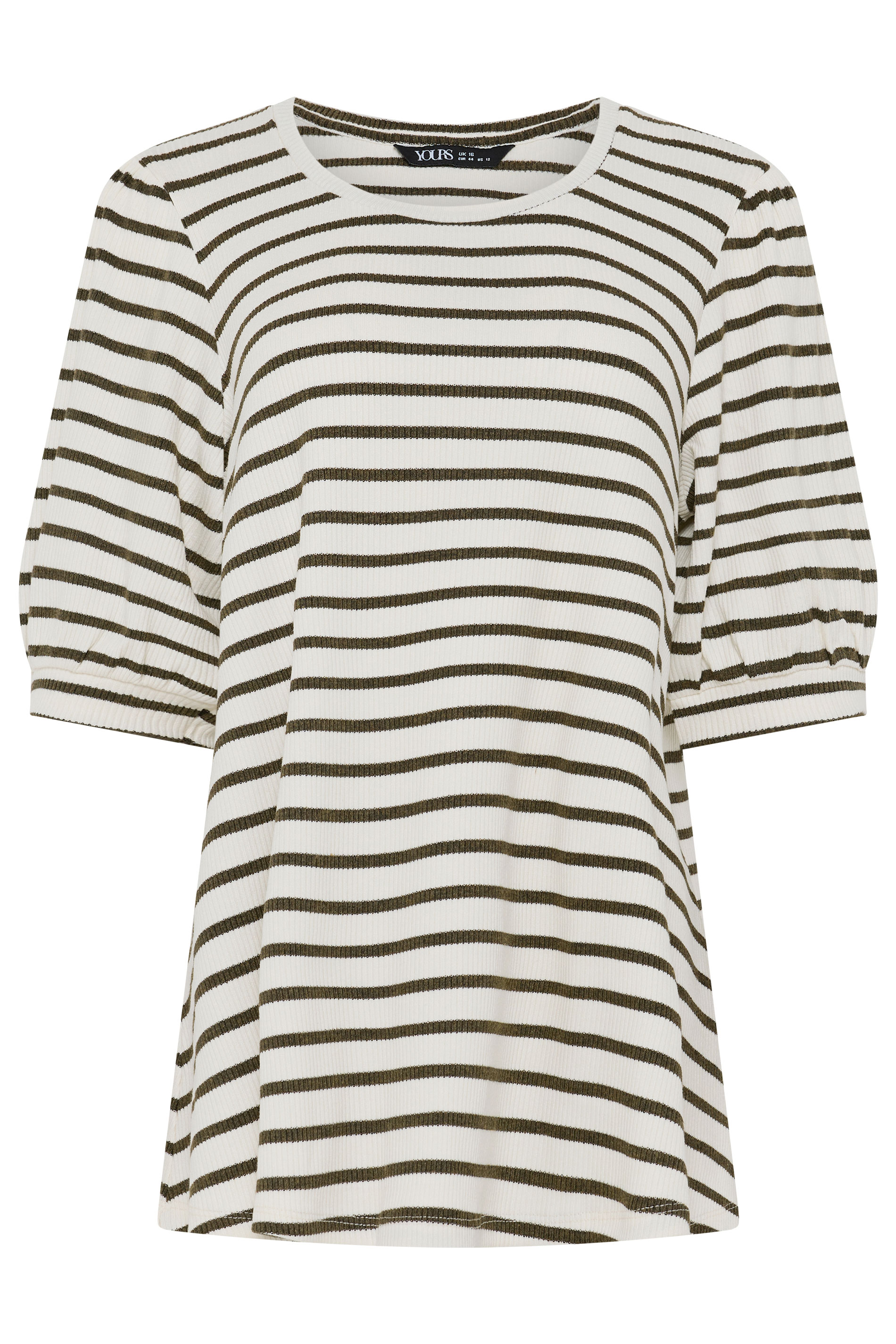 YOURS Plus Size White & Green Stripe Knitted Puff Sleeve Top | Yours Clothing 5
