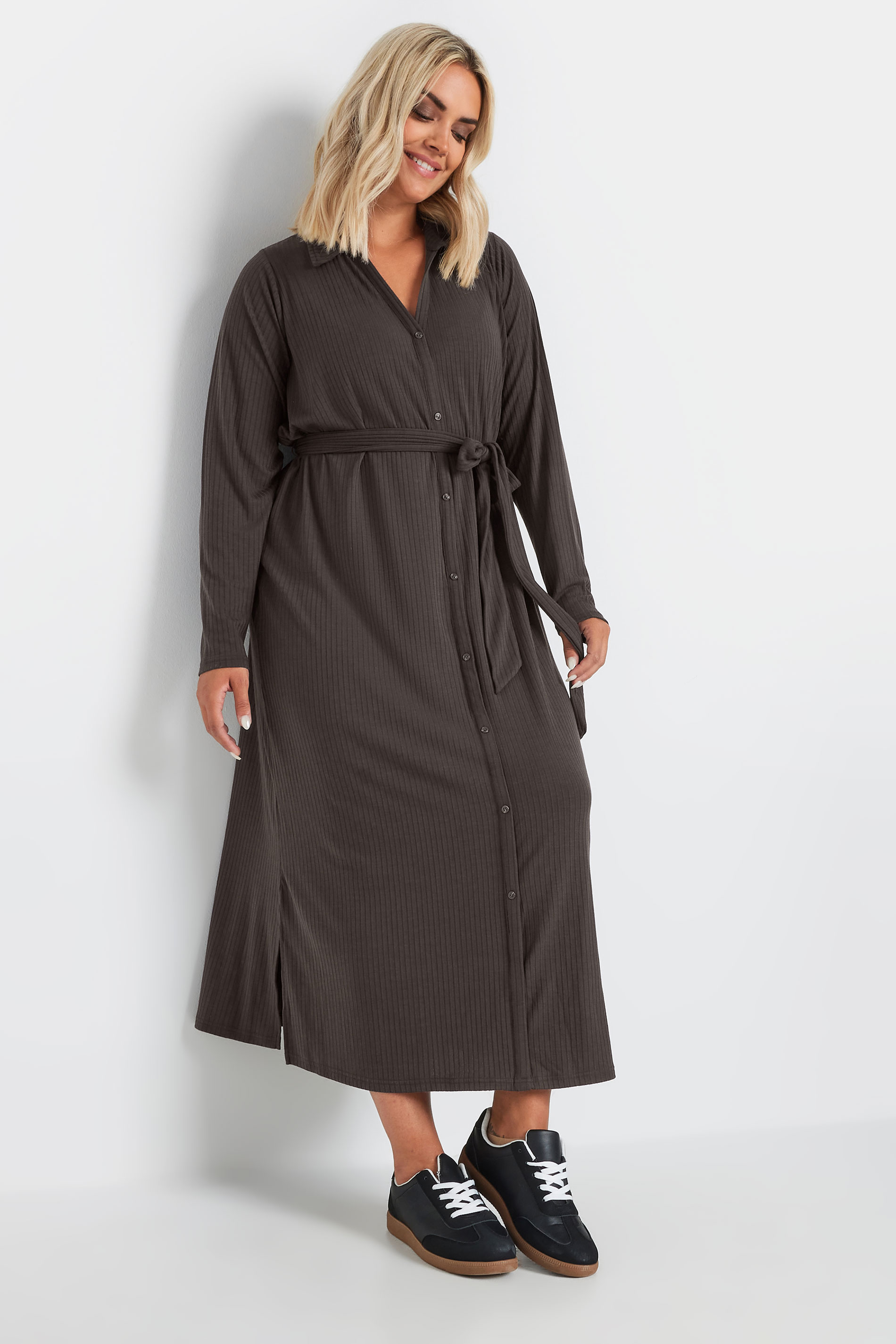 YOURS Plus Size Chocolate Brown Button Front Ribbed Tie Waist Midi ...