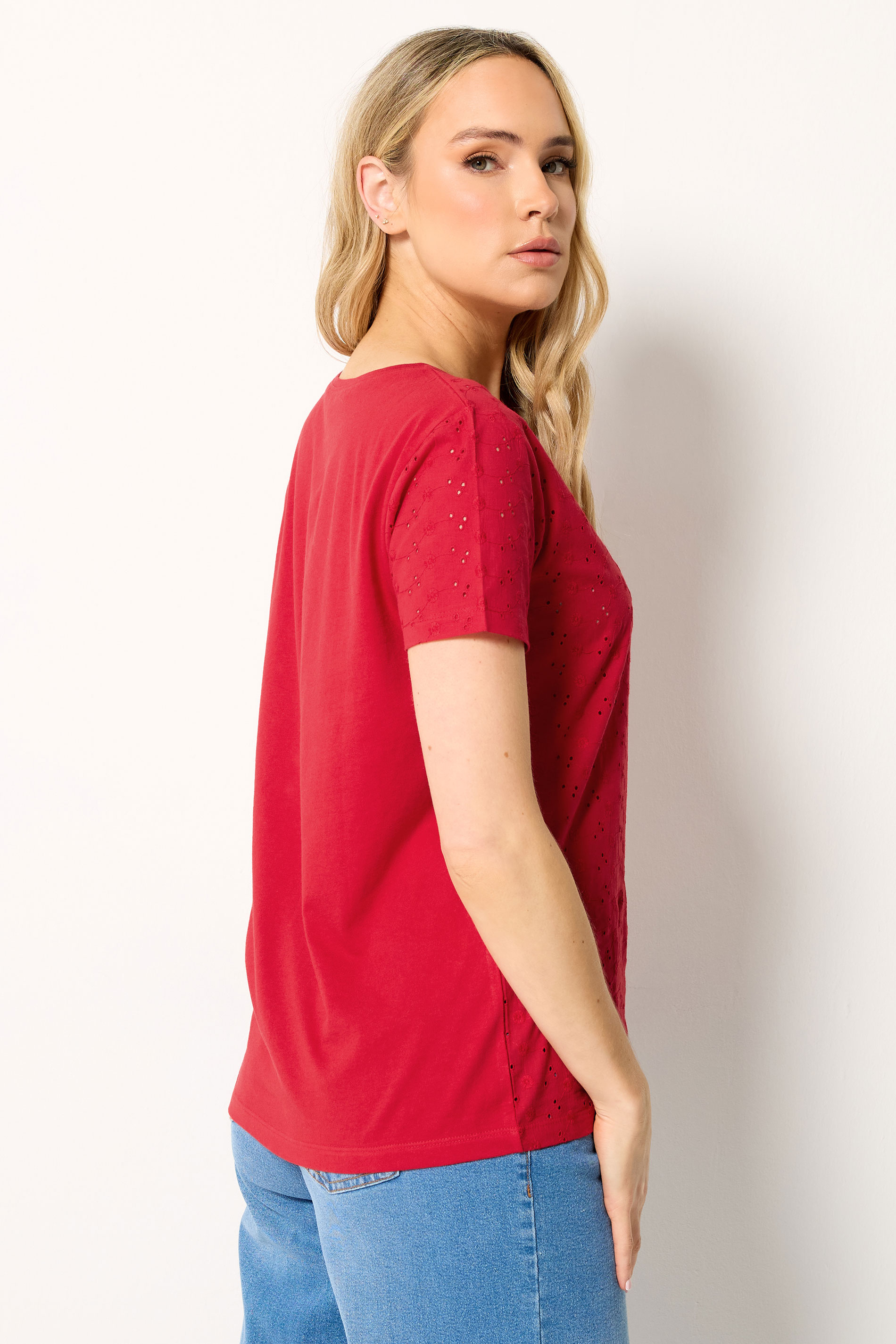 LTS Tall Women's Red Broderie Anglaise Front T-Shirt | Long Tall Sally 4