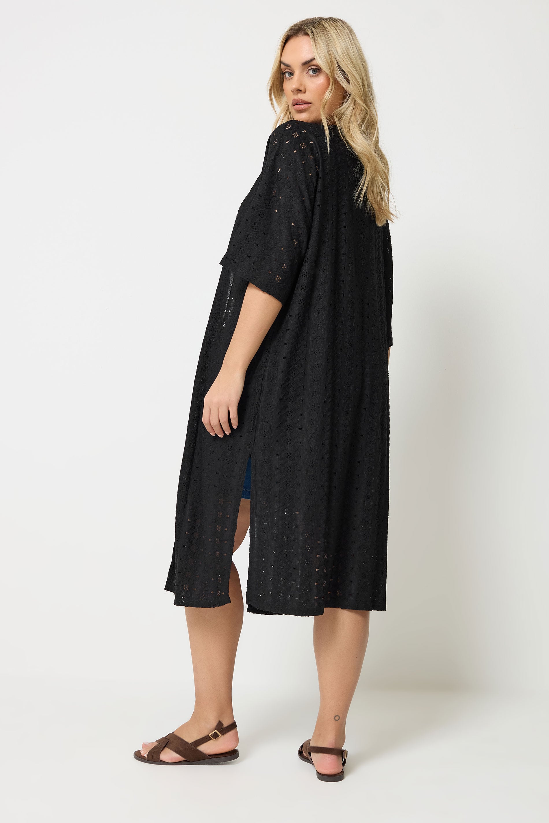 YOURS Plus Size Black Broderie Anglaise Kimono | Yours Clothing 2