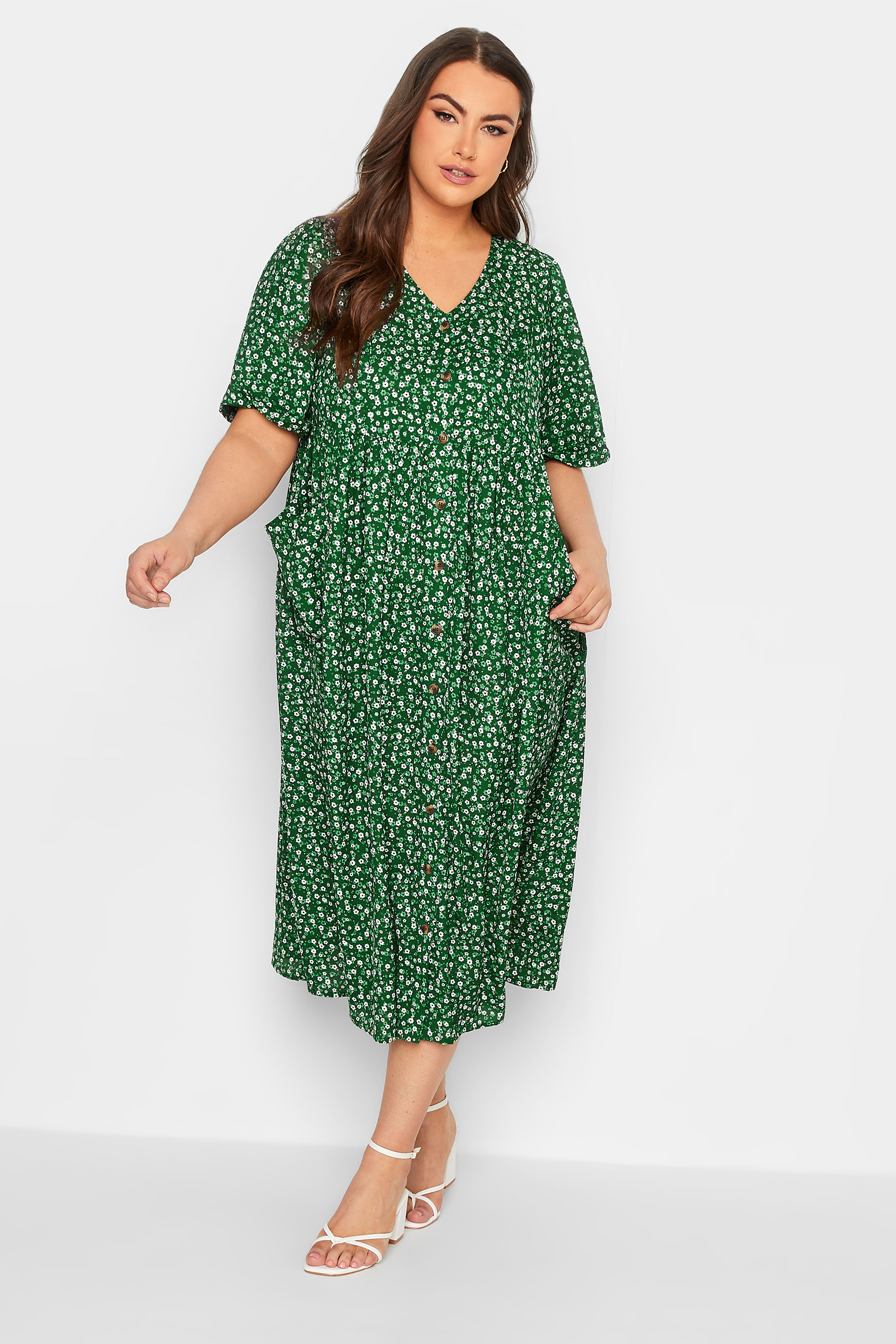 YOURS Plus Size Green Daisy Print Smock Dress | Yours Clothing 3
