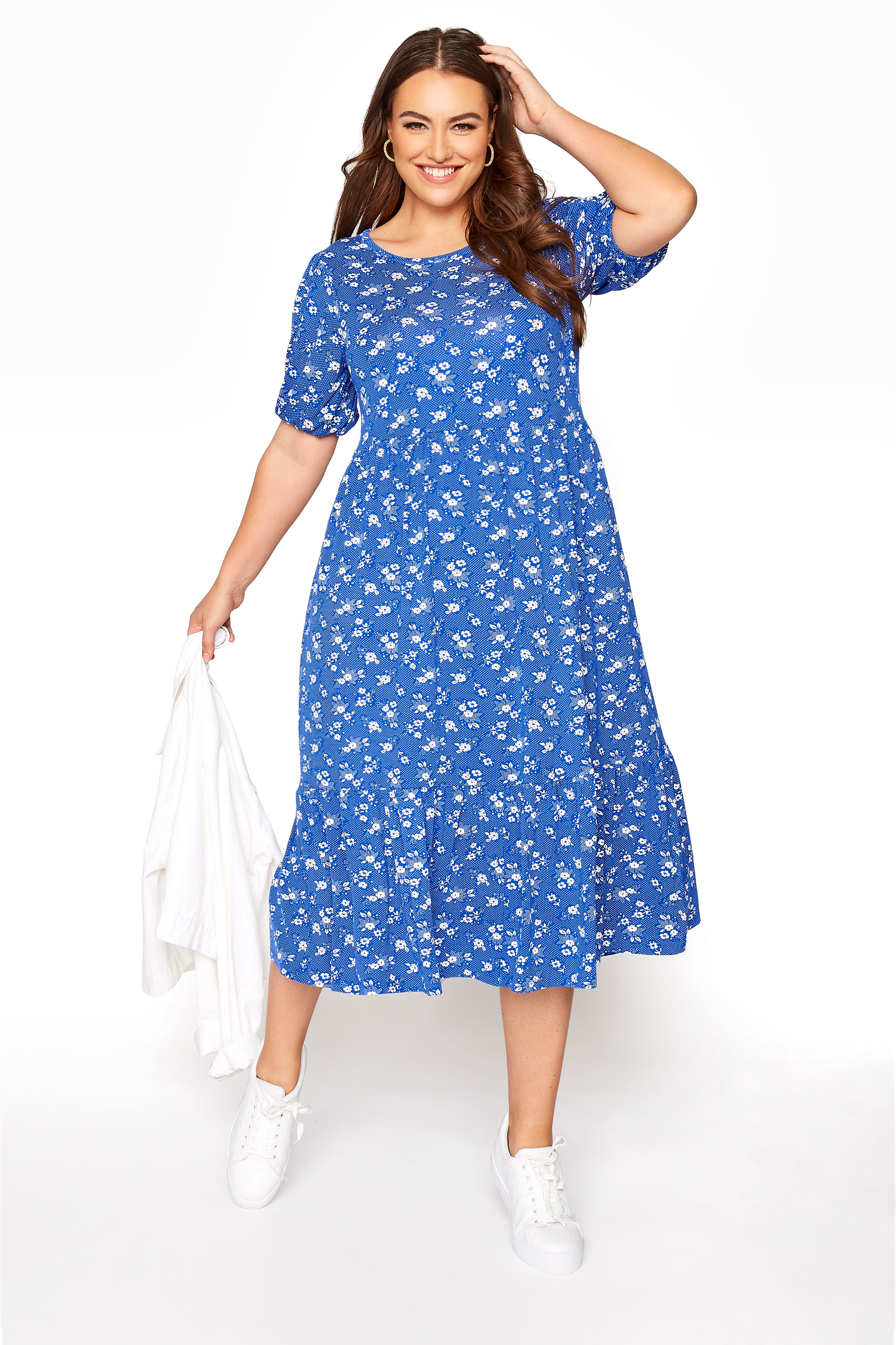 Plus Size Royal Blue Floral Puff Sleeve Midaxi Dress | Yours Clothing
