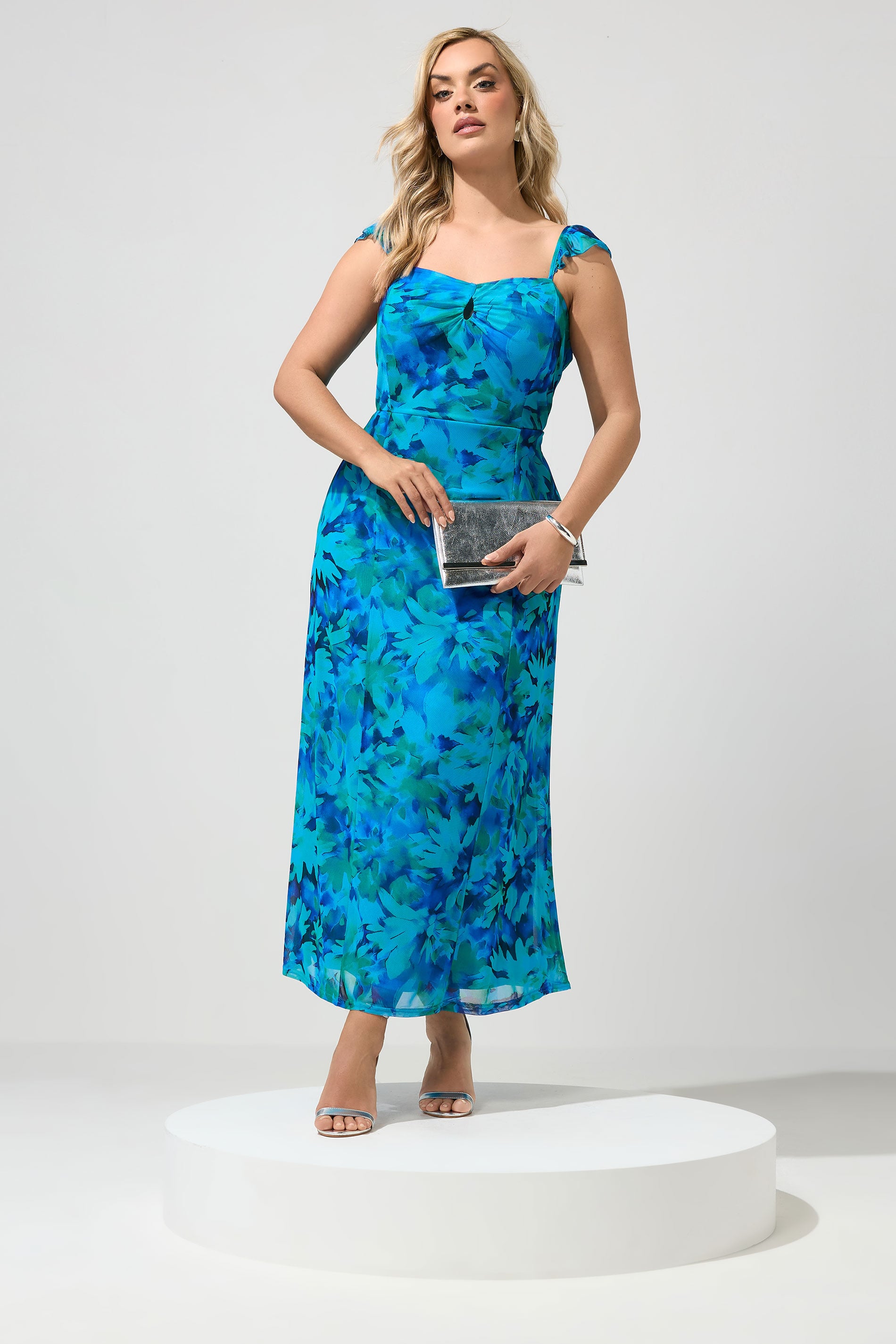 YOURS Plus Size Blue Abstract Keyhole Ruffle Dress | Yours Clothing 1