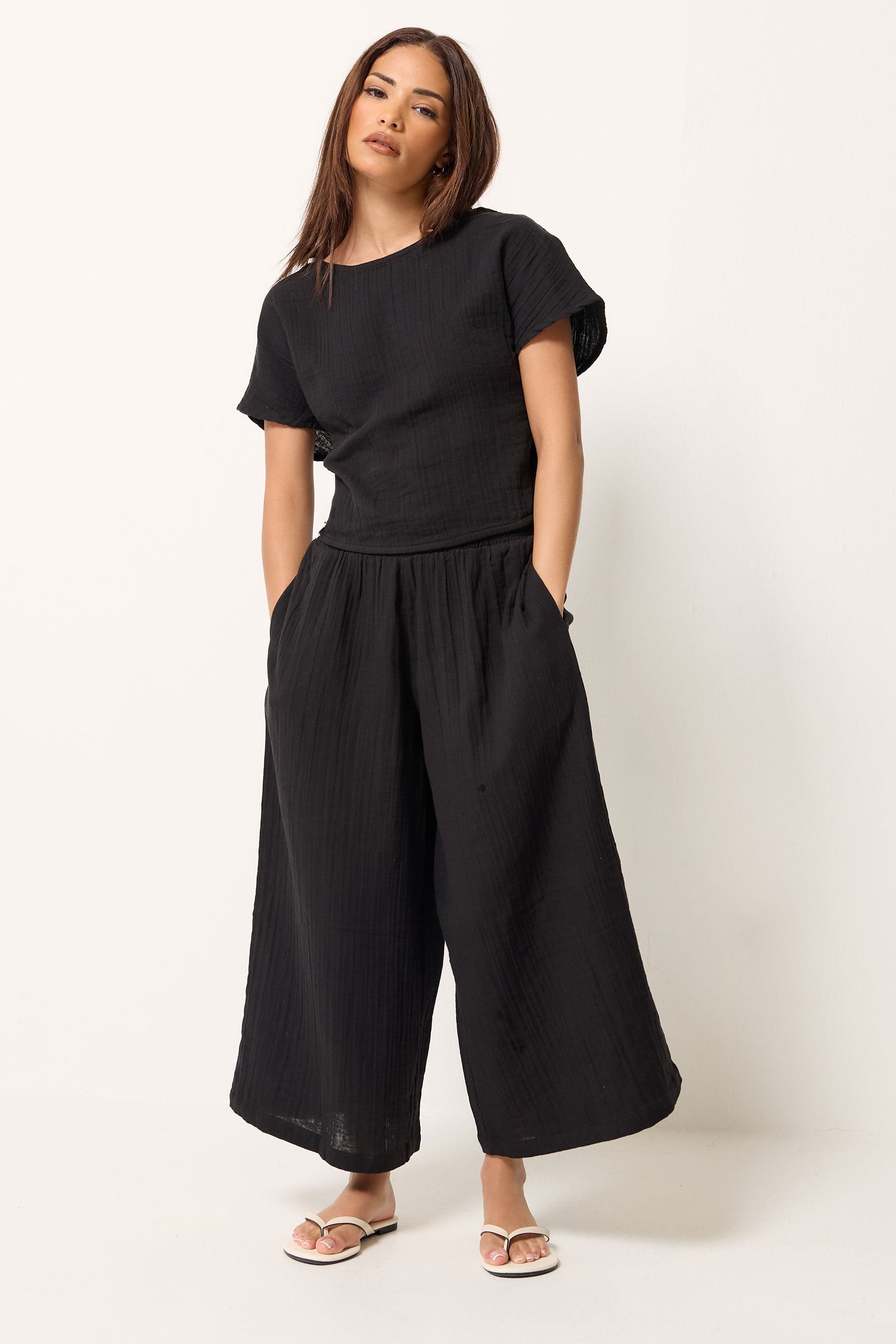 PixieGirl Petite Women's Set Black Cotton Cheesecloth Top & Cropped Trousers | PixieGirl 3