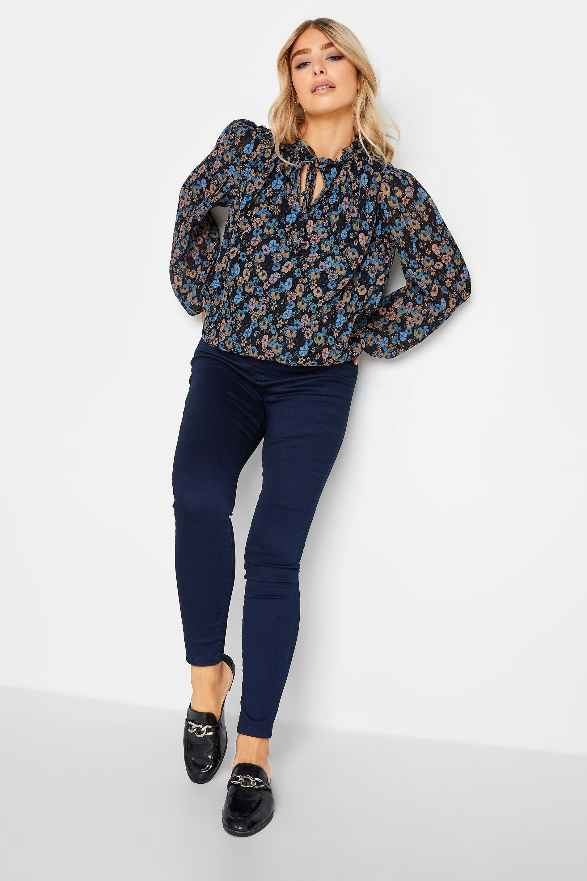 M&Co Navy Blue Floral Pleated Blouse | M&Co 2