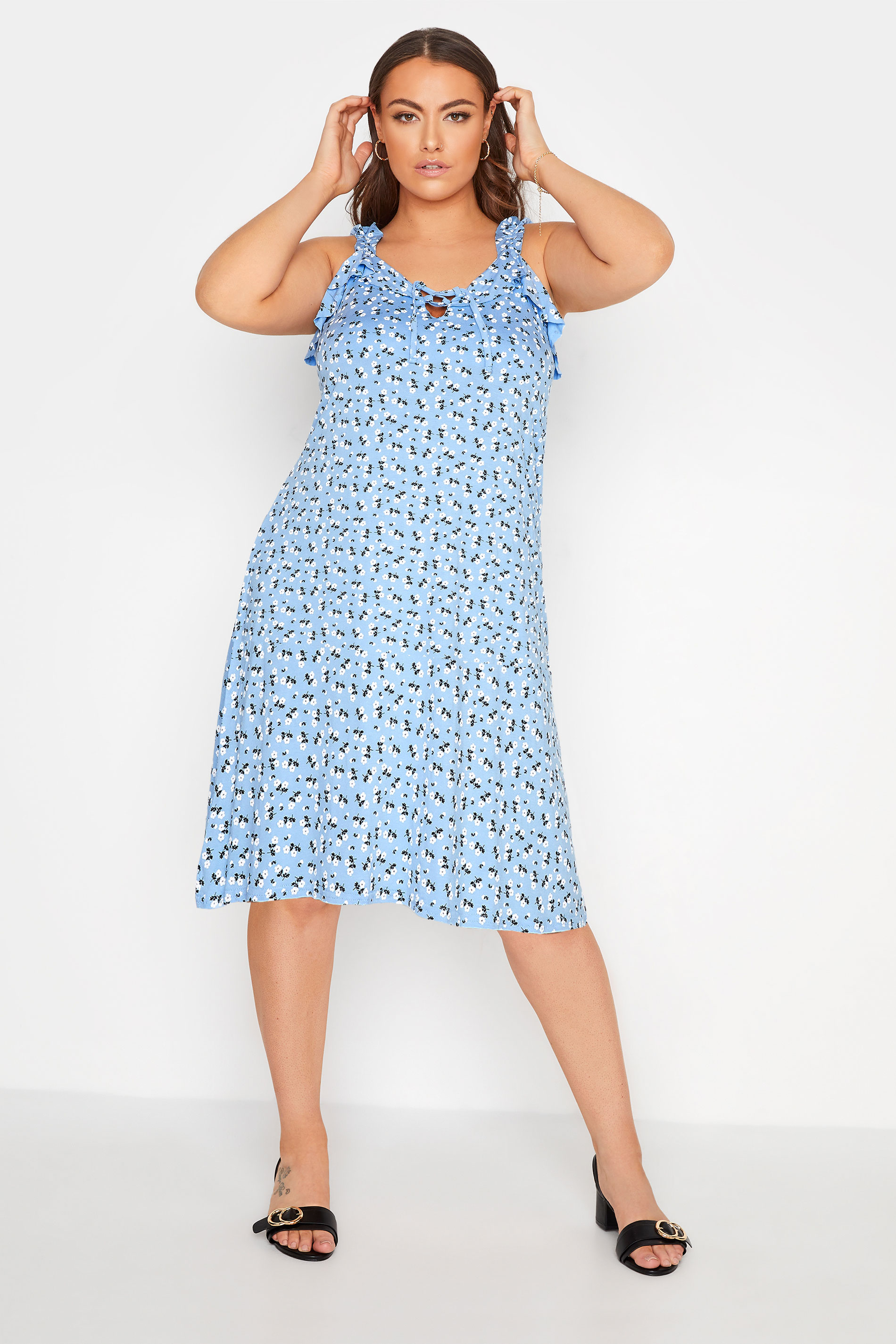 LIMITED COLLECTION Curve Blue Floral Strappy Frill Dress 1