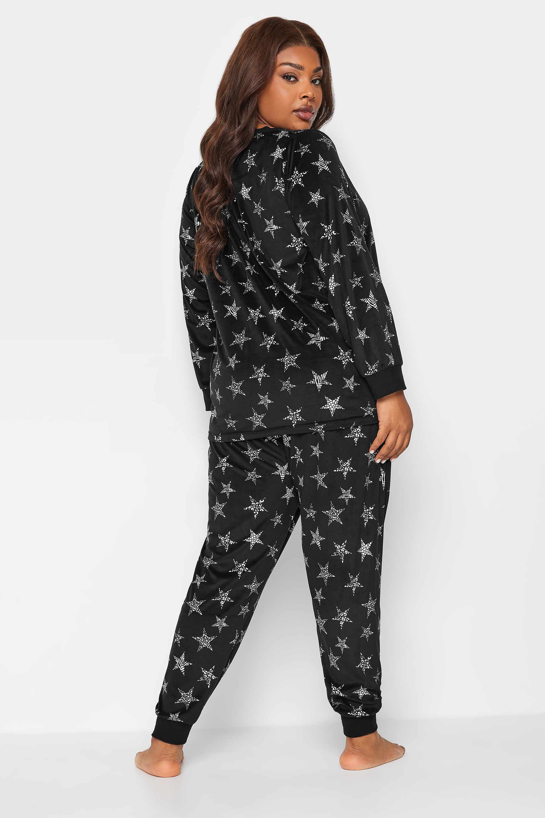 YOURS Plus Size Black Animal Print Star Velour Lounge Set | Yours Clothing 3