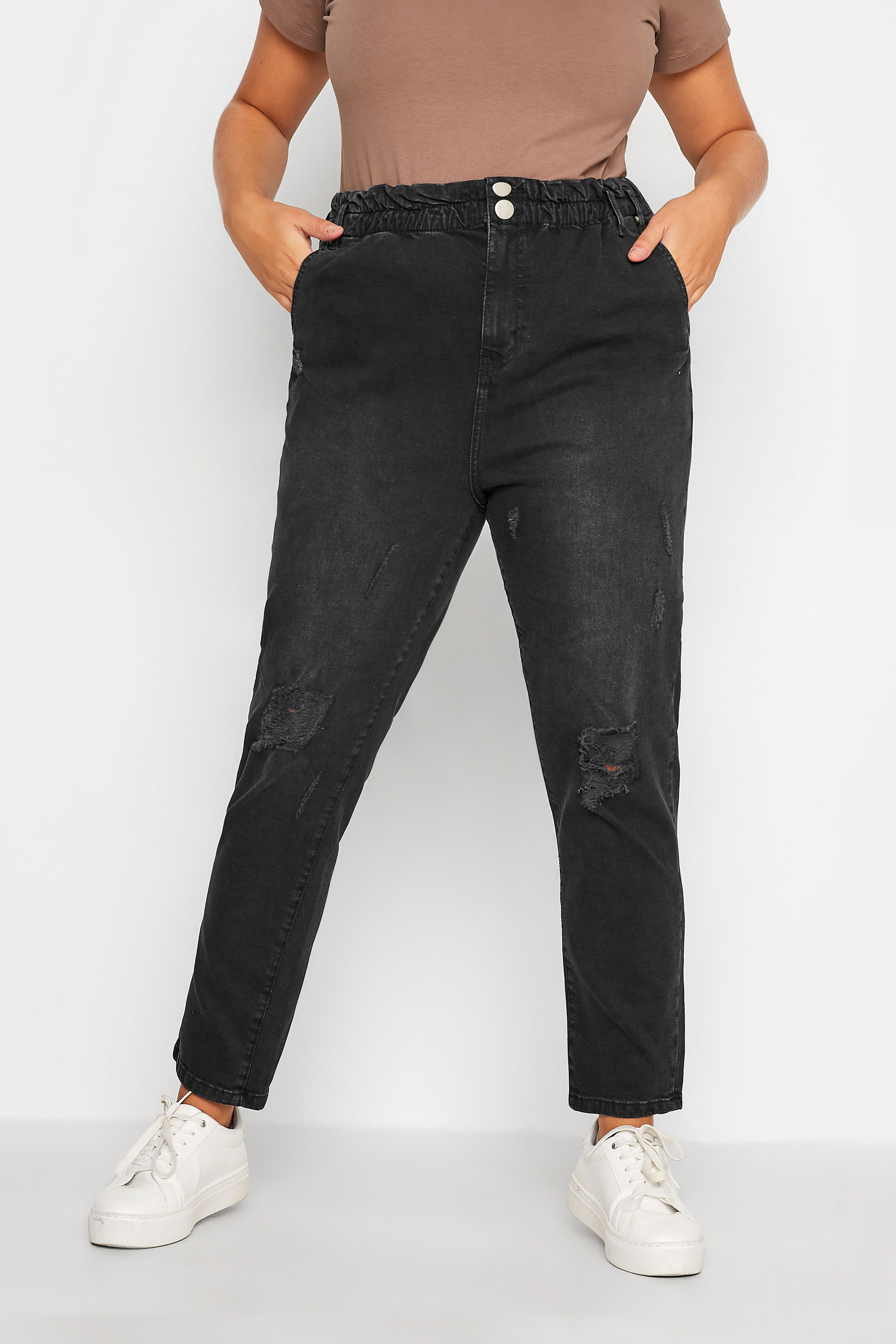 Curve Black Ripped Elasticated MOM Jeans 1