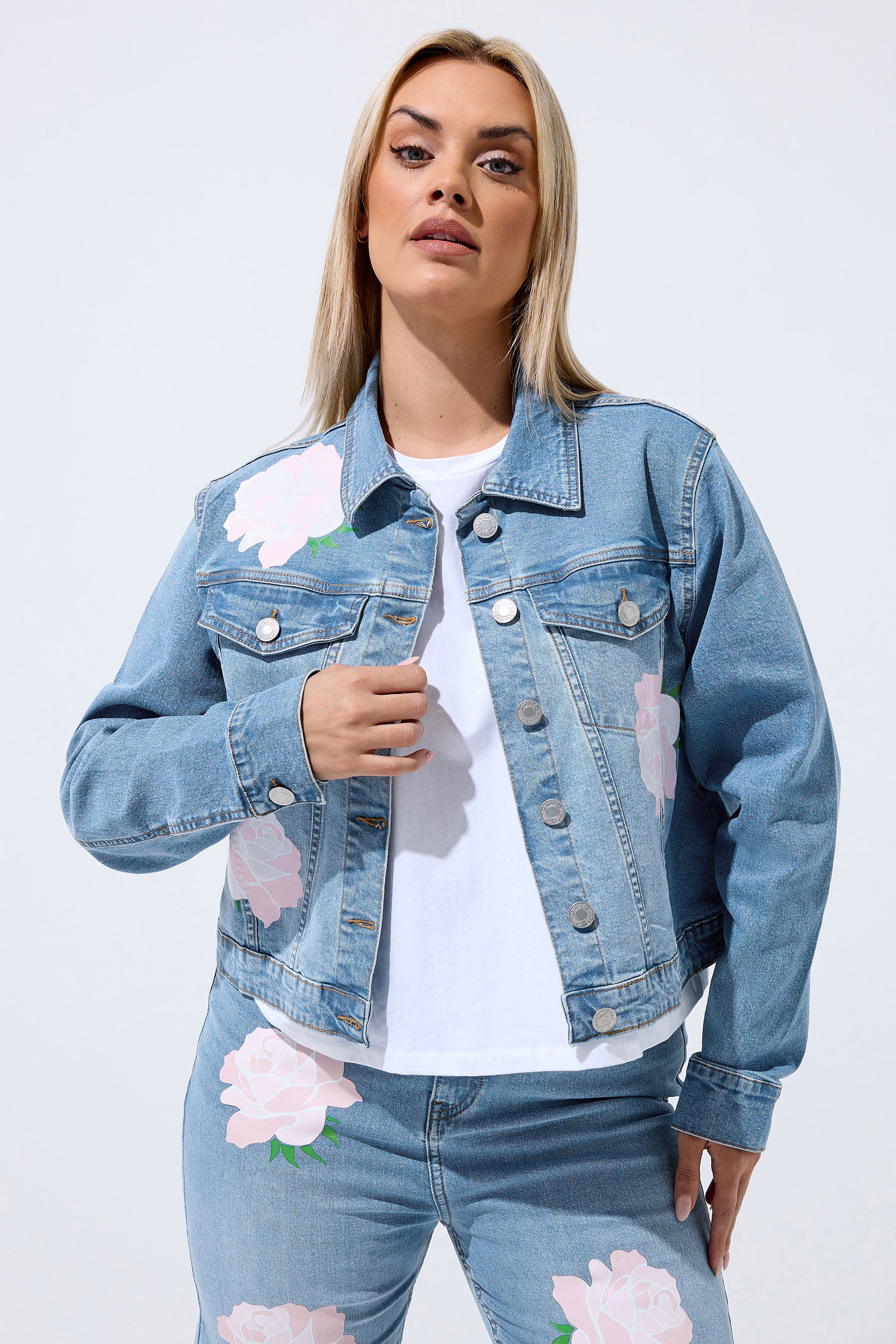 LIMITED COLLECTION Plus Size Blue Rose Printed Denim Jacket | Yours Clothing 3