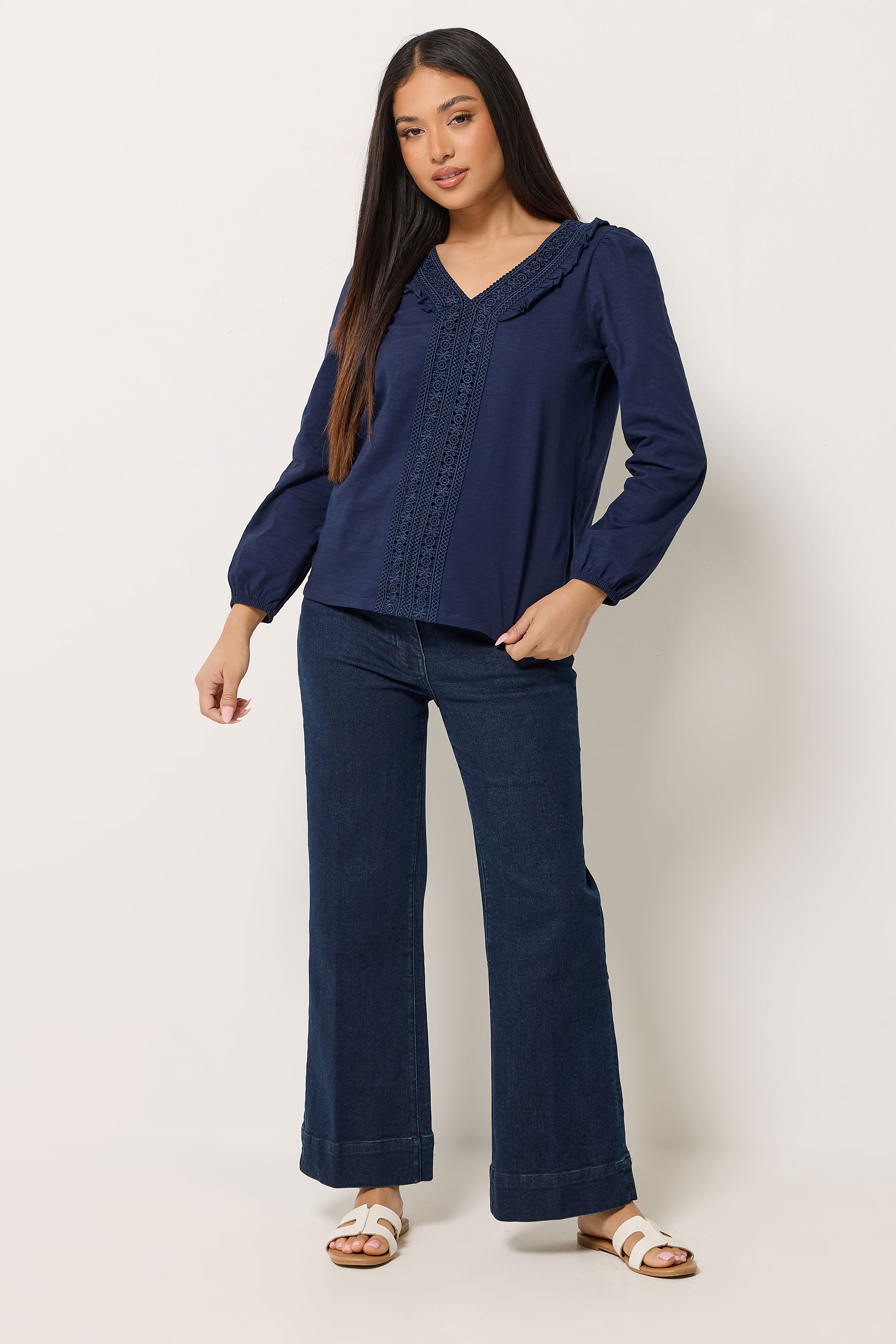 M&Co Petite Navy Blue Frill Cotton Blouse | M&Co 1