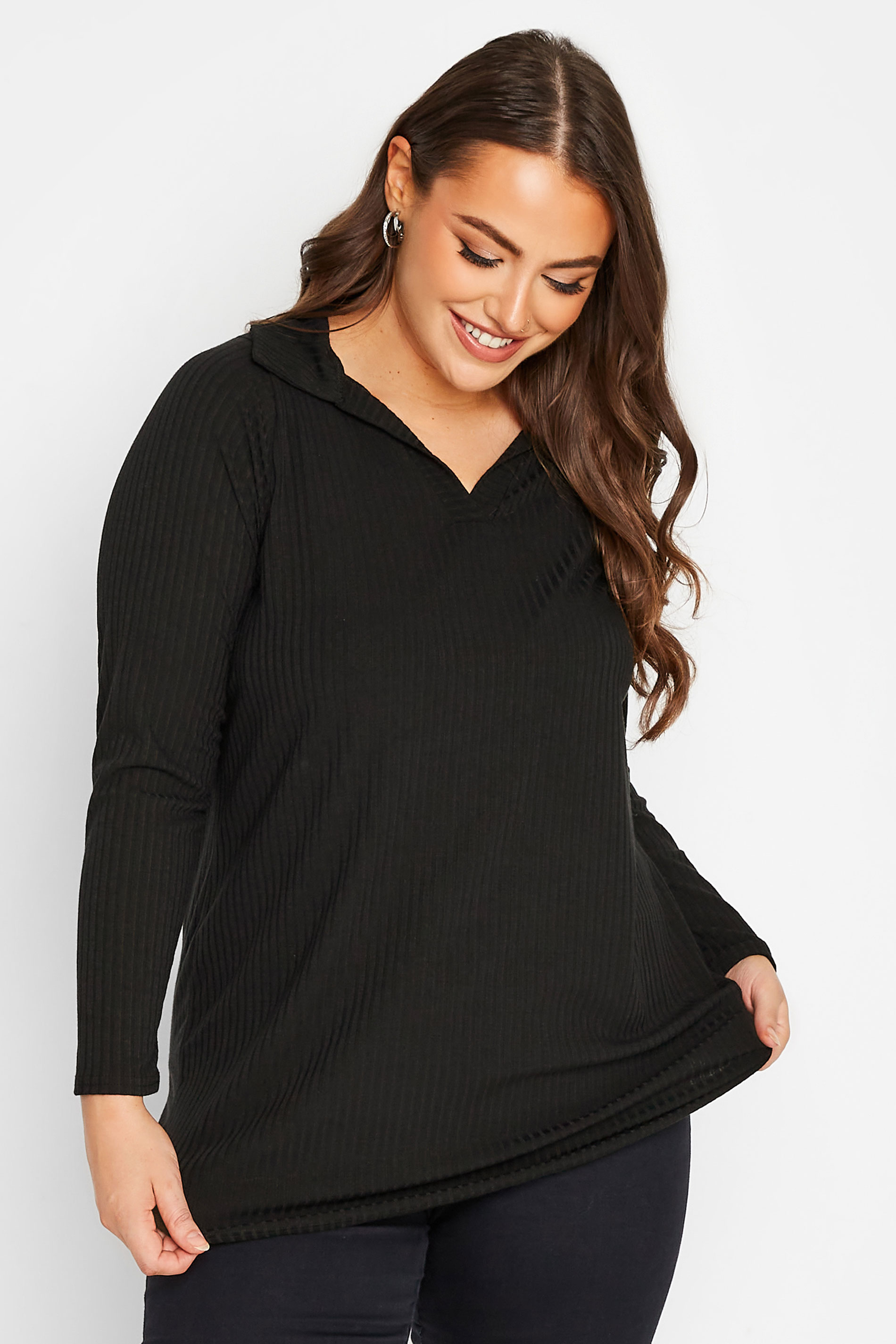 Curve Black Long Sleeve Ribbed Collar Top | Yours Clothing