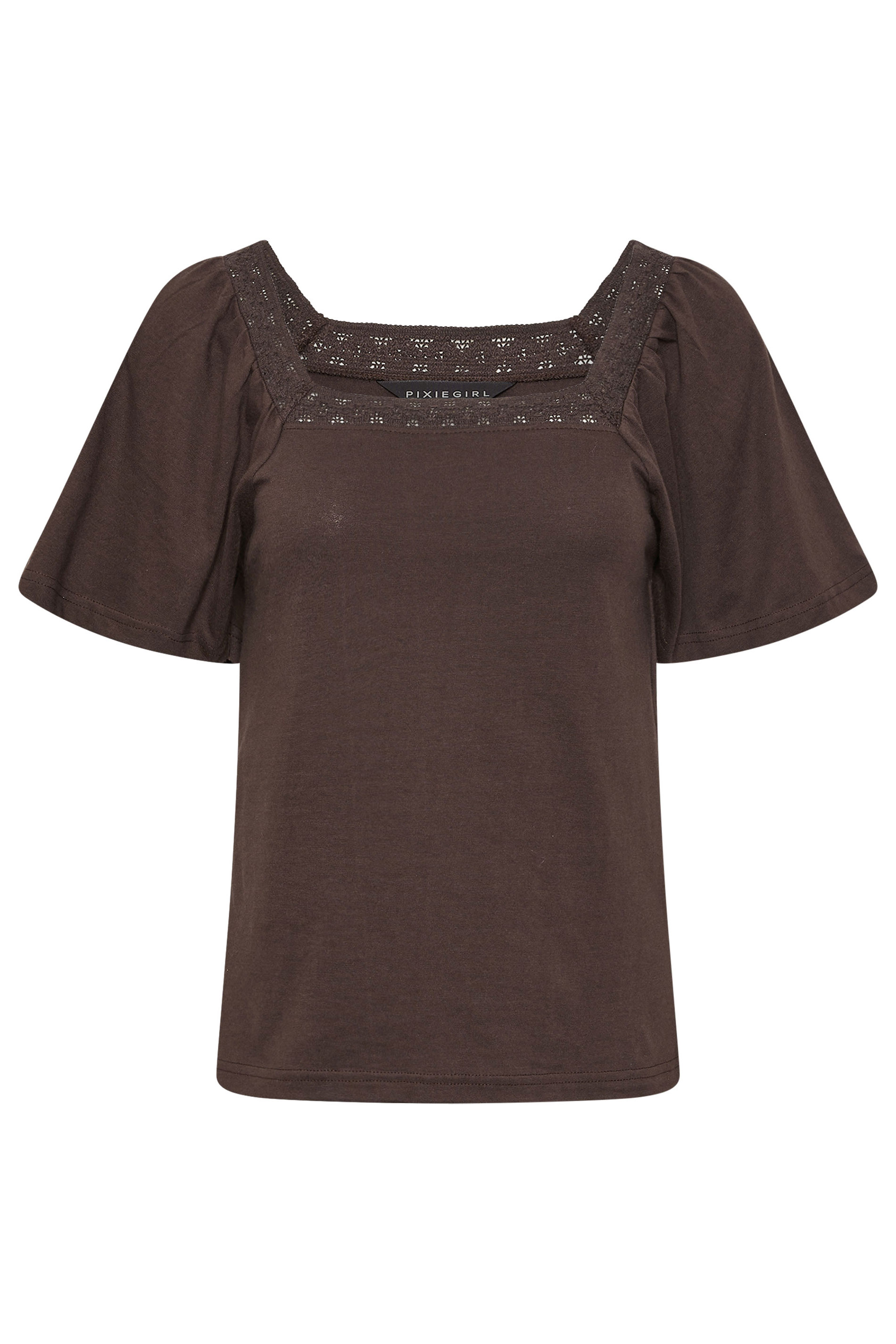 PixieGirl Petite Women's Chocolate Brown Crochet Trim Flutter Sleeve Cotton T-Shirt | PixieGirl 5