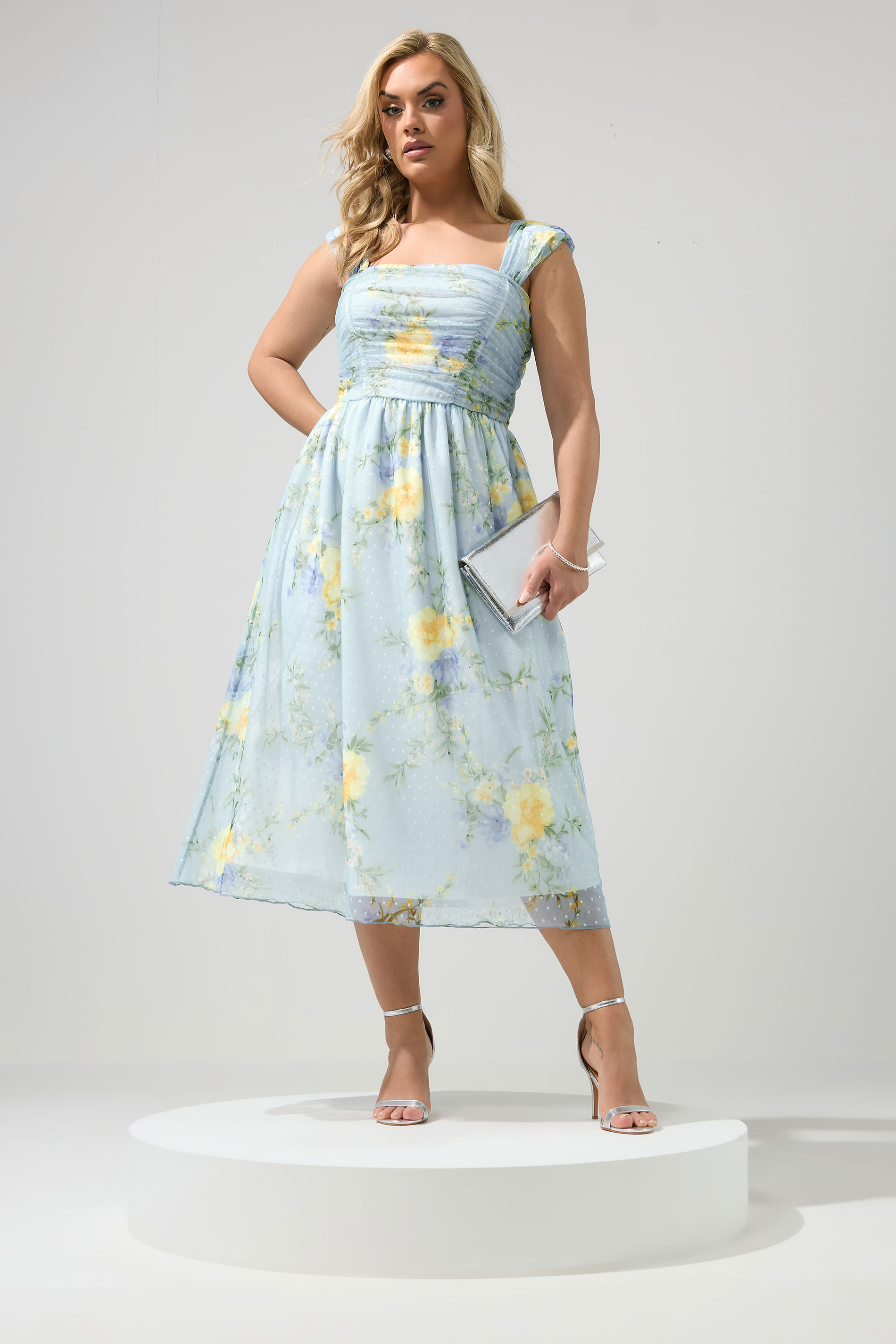 YOURS LONDON Plus Size Blue Floral Spot Mesh Skater Dress | Yours Clothing 1