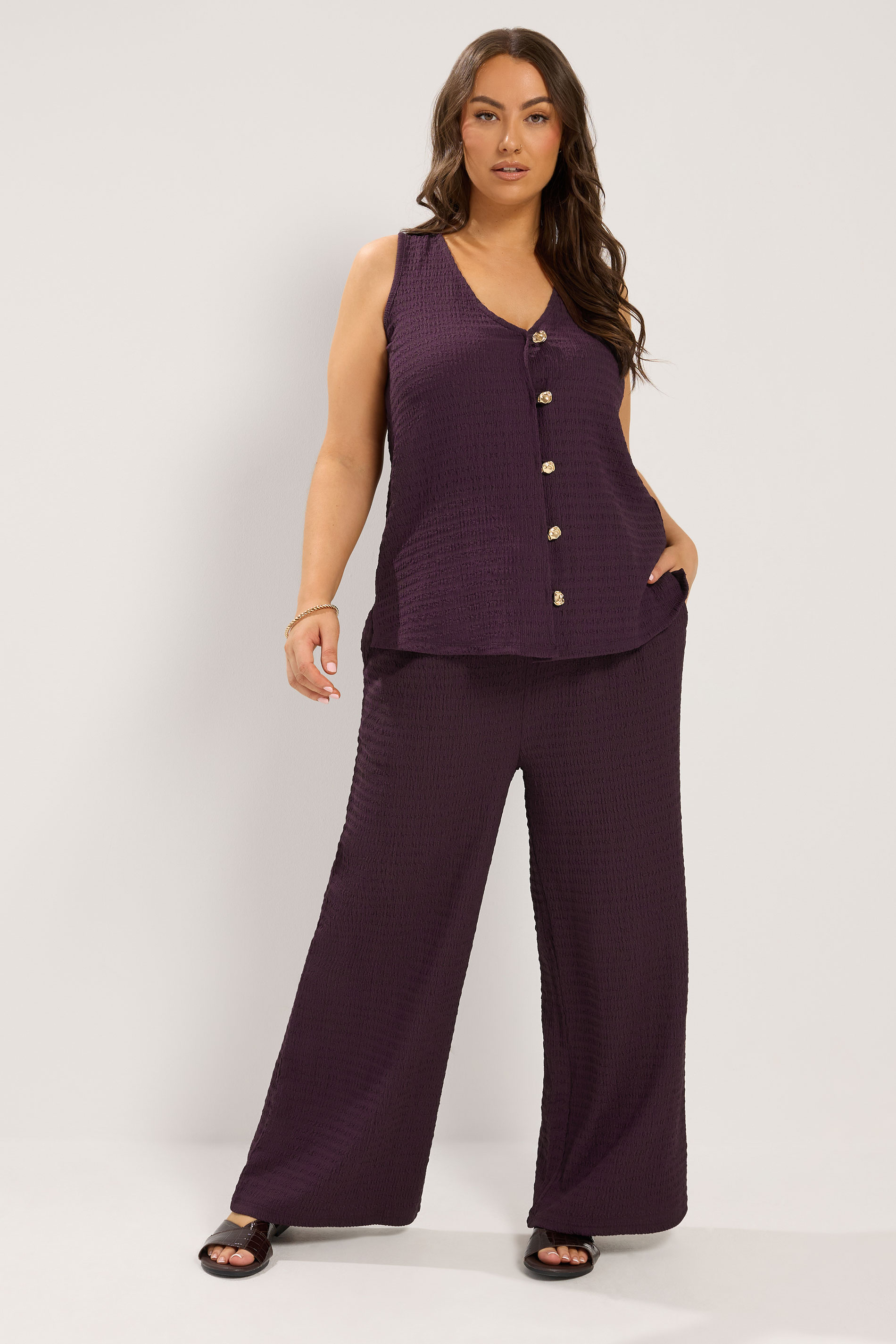 YOURS Plus Size Purple Wide Leg Crinkle Trousers | Yours Clothing 1