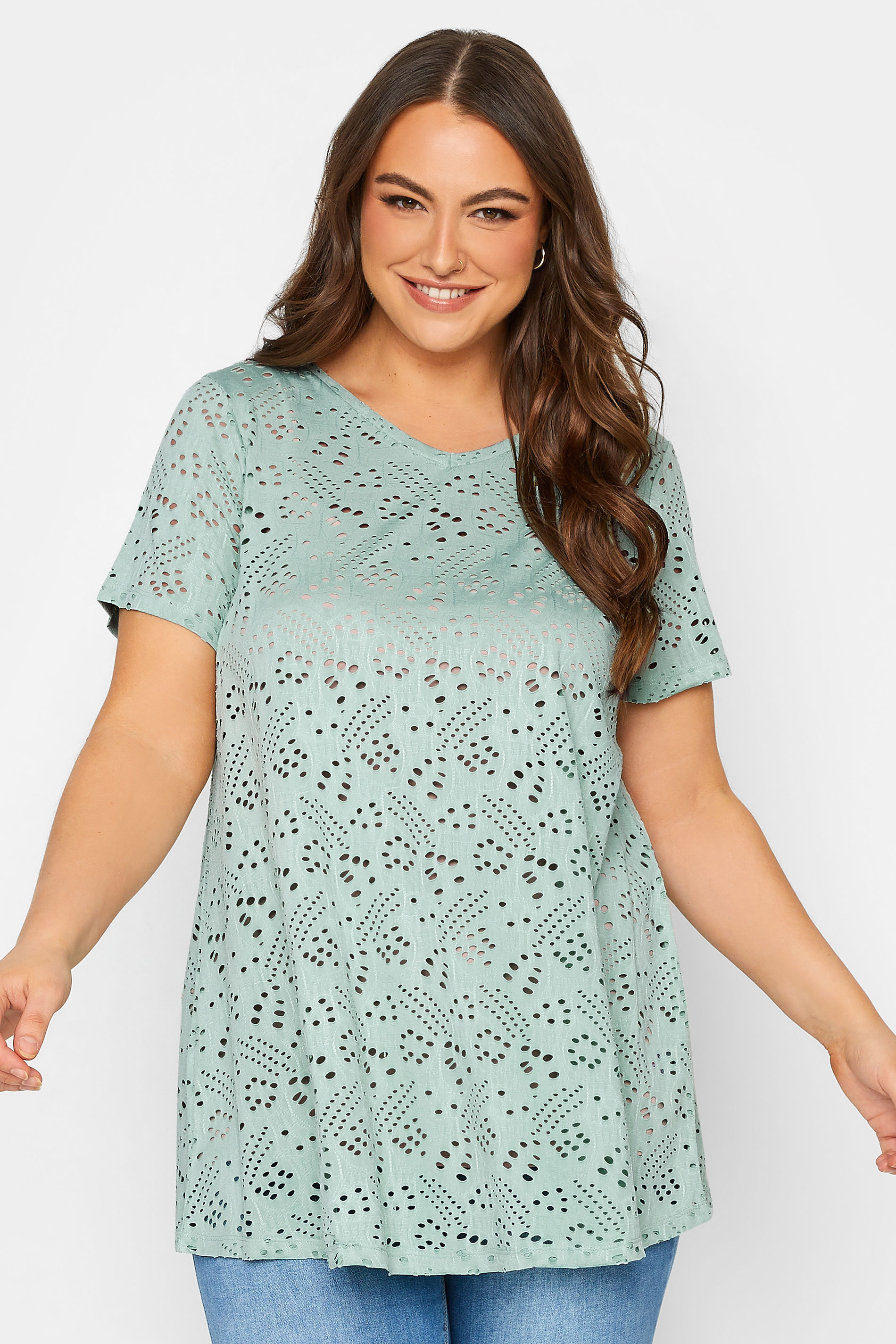 YOURS Curve Mint Green Plus Size Broderie Anglaise Swing T-Shirt | Yours Clothing 1